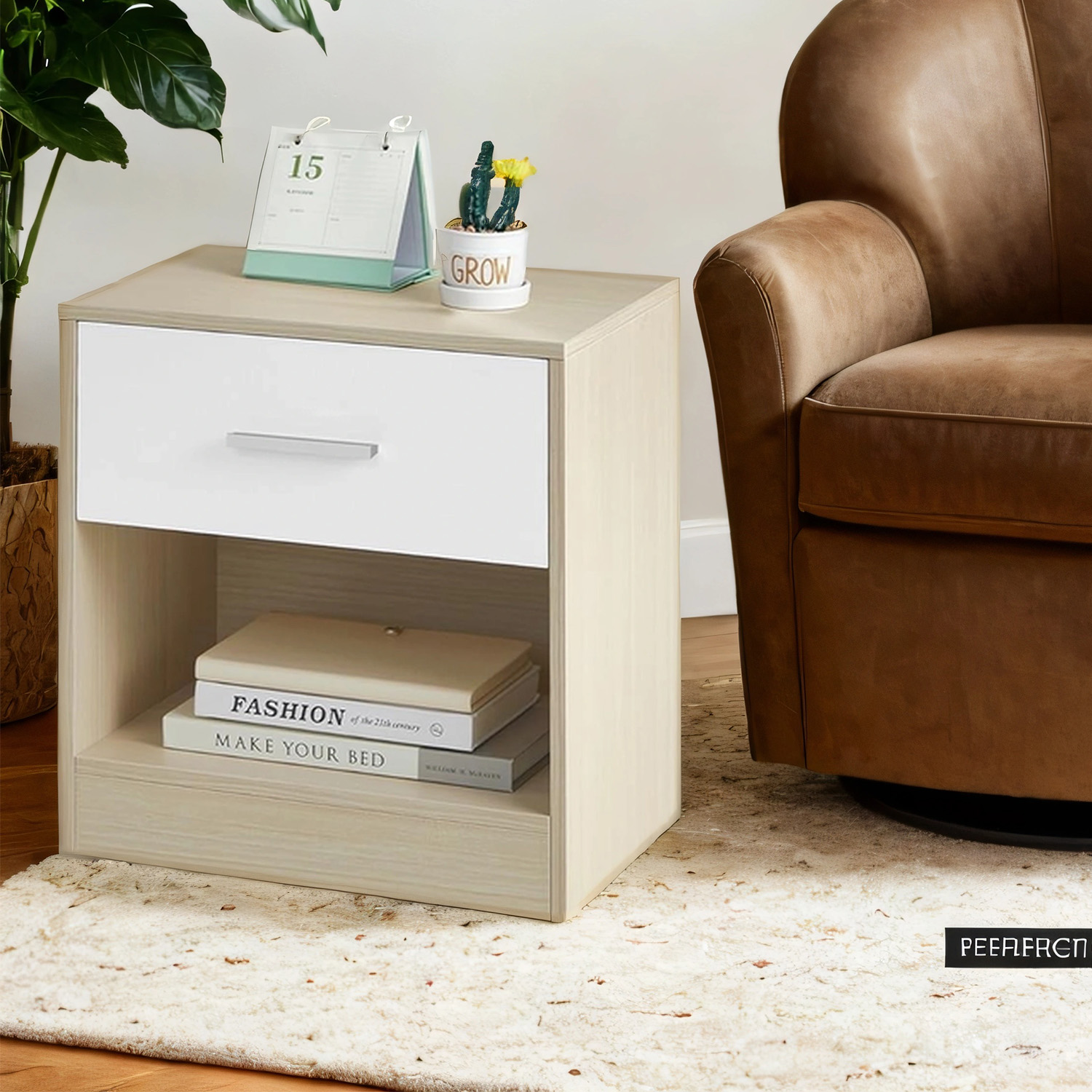 Nightstands - VERRA Set of 2 Side Tables with Drawer and Shelf - Beige