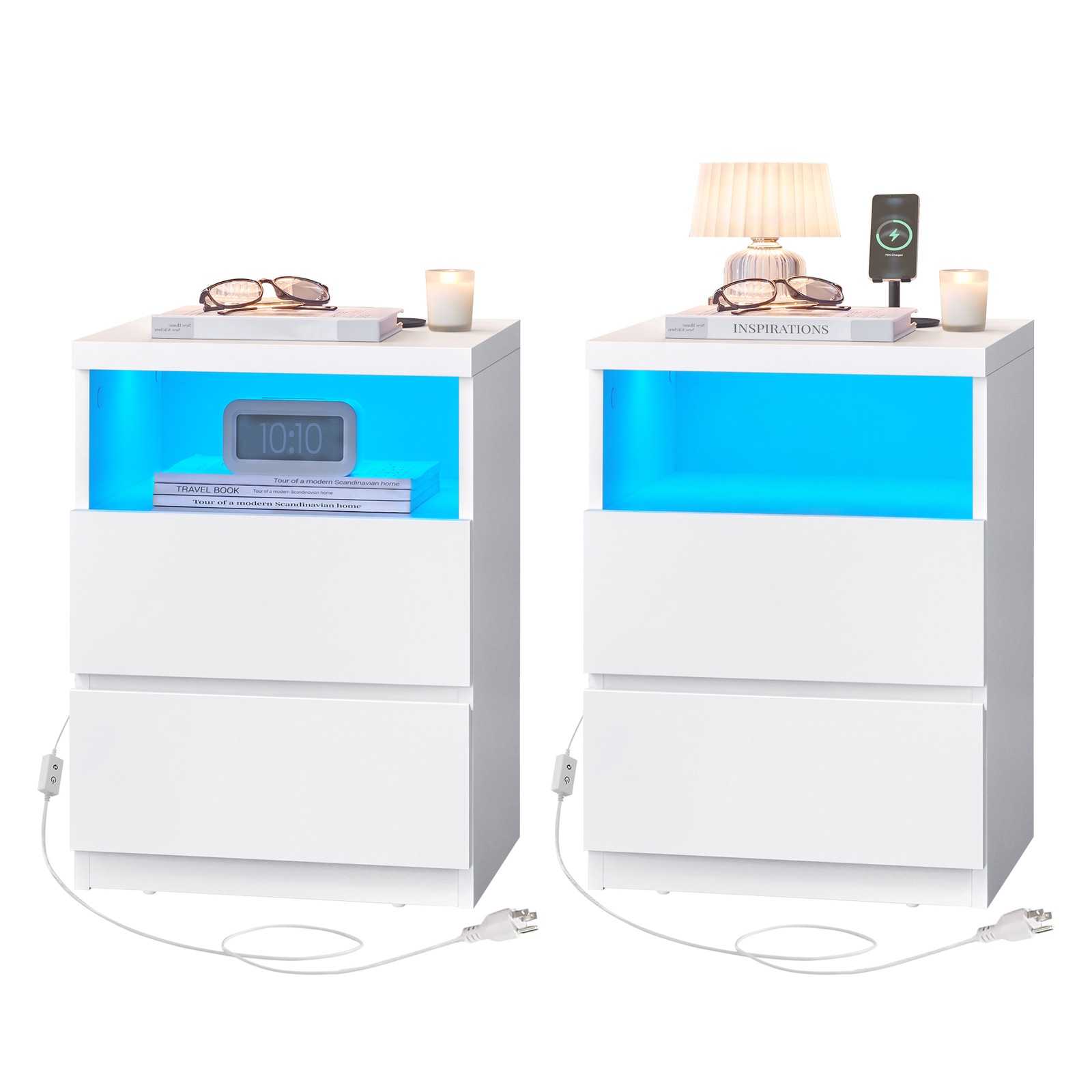 DOPOSA Set of 2 LED Bedside Tables - White