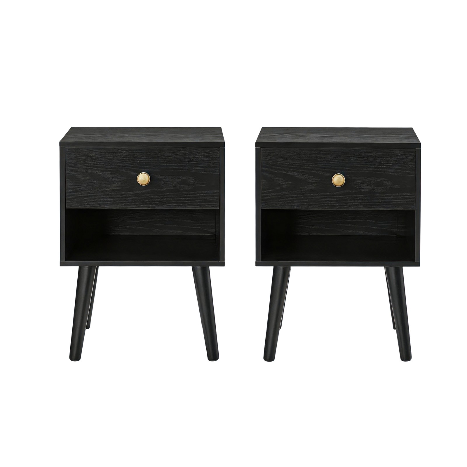 GLOVIN Bedside Table with Storage Drawer and Open Shelf Set of 2 - Black
