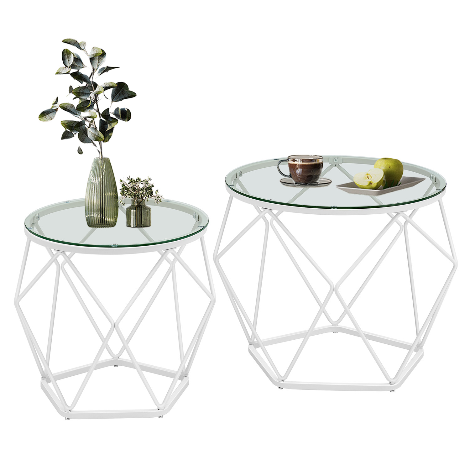 EARORY Set of 2 Round Coffee Tables - Transparent and Cloud White