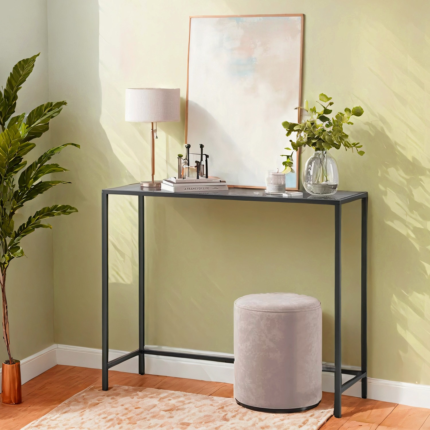 Console Table - VERRA Small Table with Tempered Glass Tabletop - Black