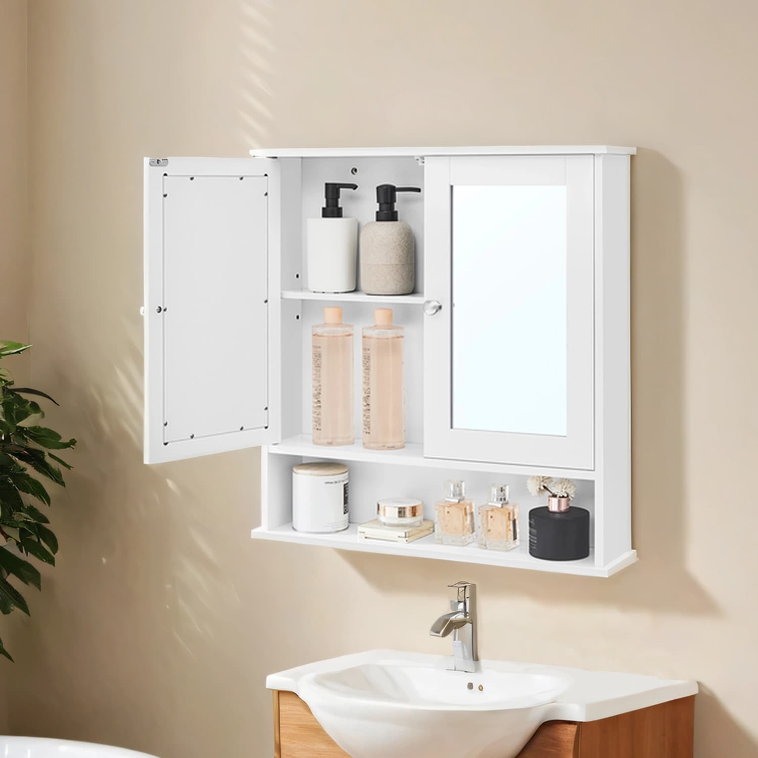 Bathroom Cabinet - VERRA Wall Cabinet with Mirror 2 Mirrored Doors and Adjustable Shelf - White