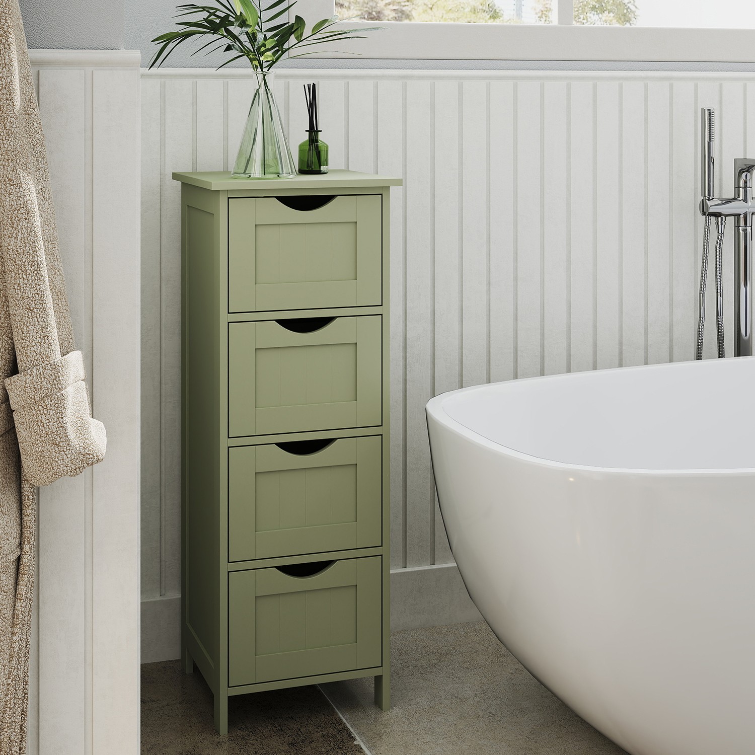 Bathroom Cabinet - VERRA Freestanding Floor Storage Unit with 4 Drawers 30 x 30 x 82 cm - Olive Green