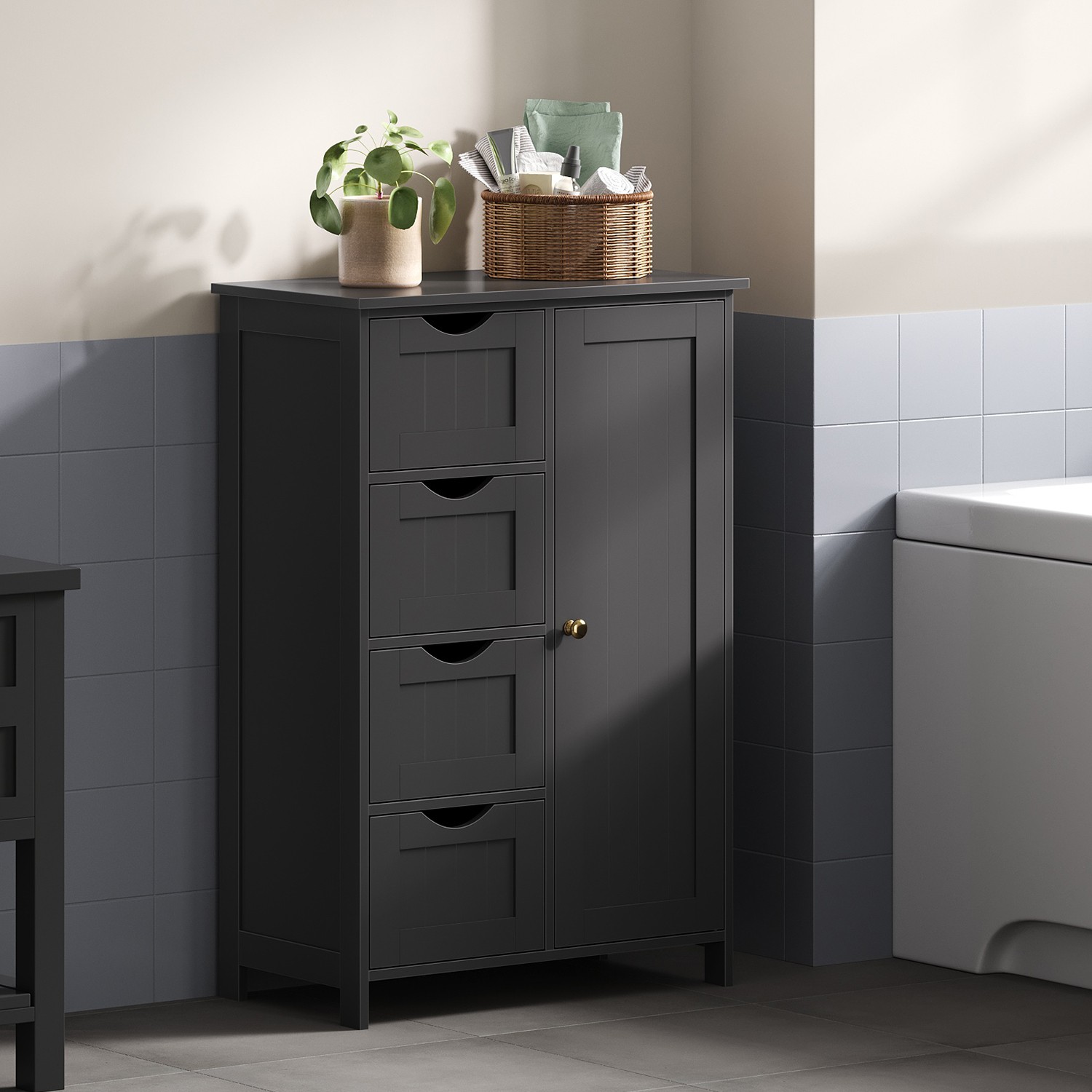 Bathroom Cabinet - VERRA Freestanding Floor Storage Unit with 4 Drawers and 1 Door - Black