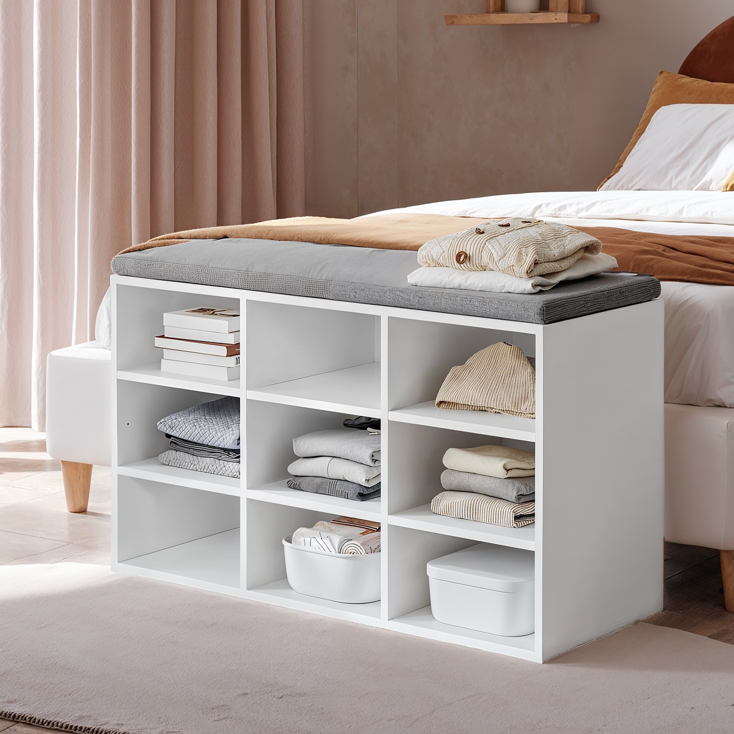 VERRA Shoe Bench - 9 Compartment Padded Seat Medium Sized Bench - White