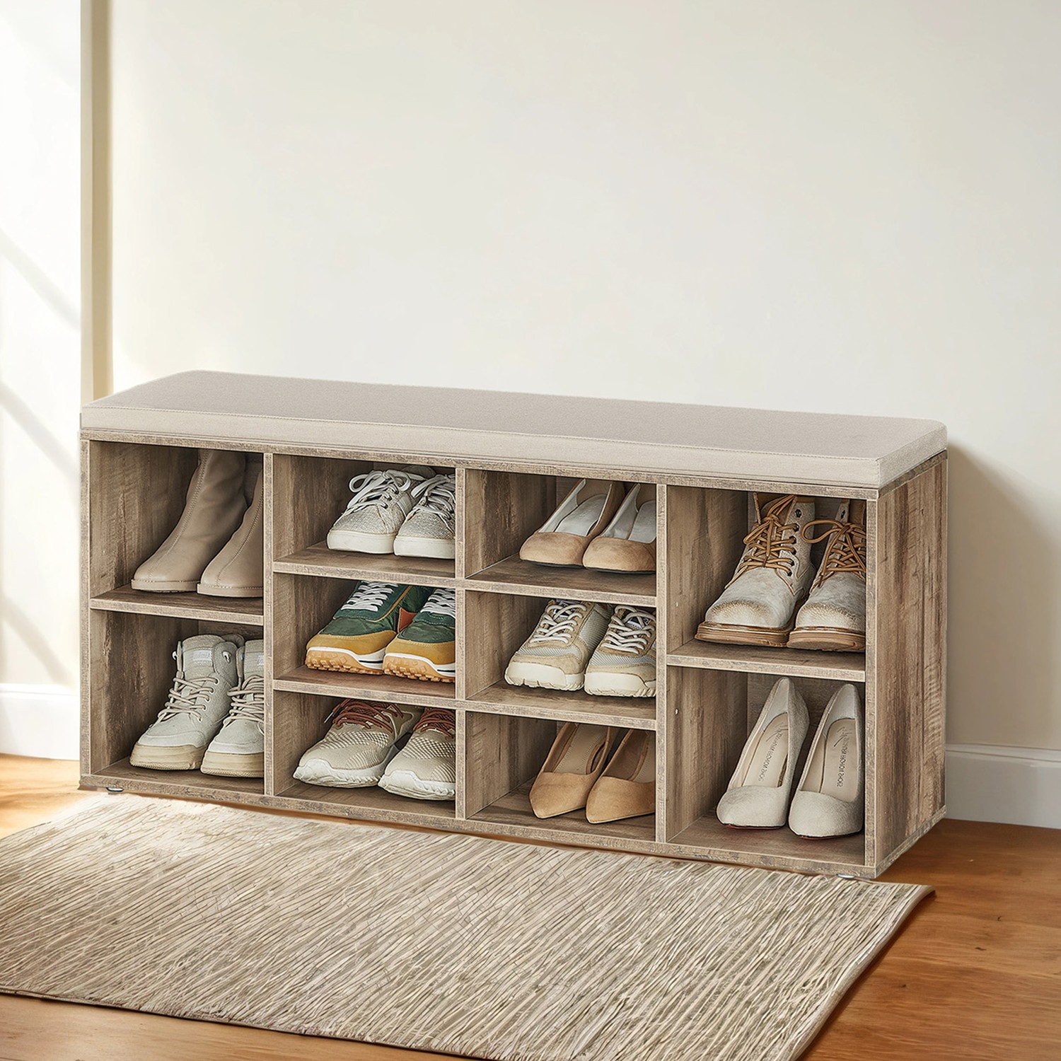 VERRA Shoe Bench - 10 Compartment Cushion Seat Medium Sized Bench - Camel Brown