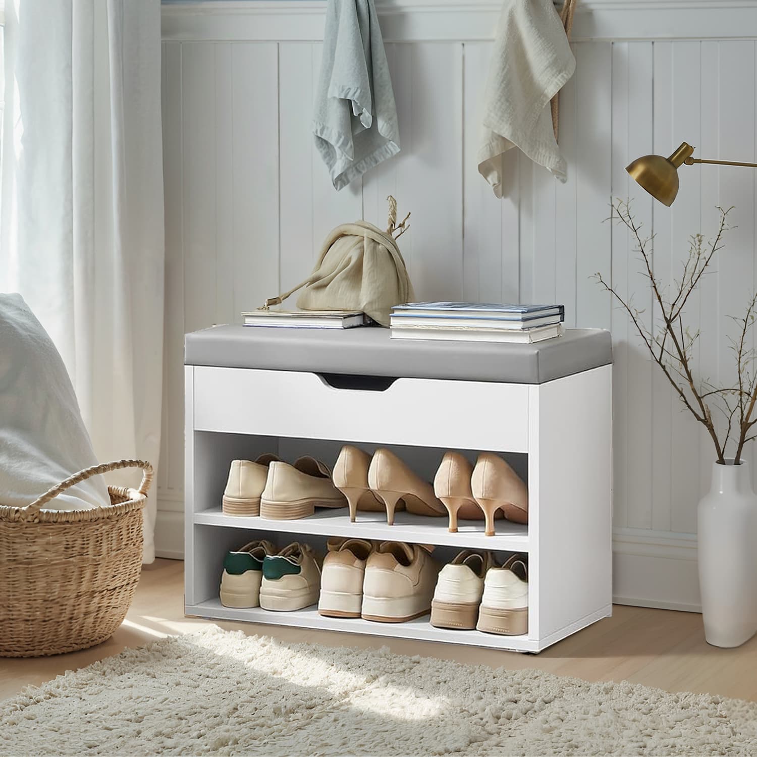 VERRA Shoe Bench - 3 Compartment Lid Storage Cushion Small Sized Bench - Cloud White
