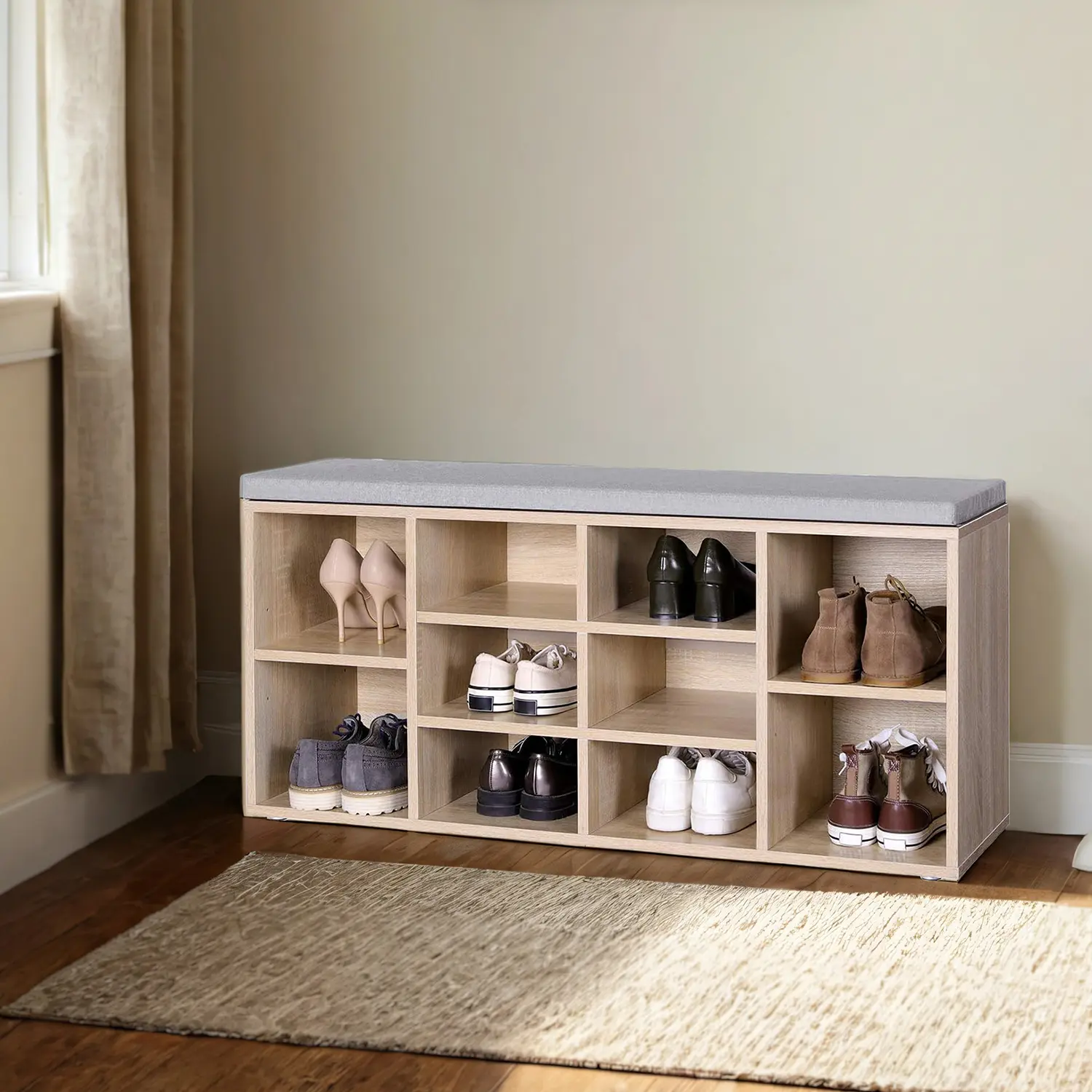 VERRA Shoe Bench - 10 Compartment Cushion Seat Medium Sized Bench - Natural