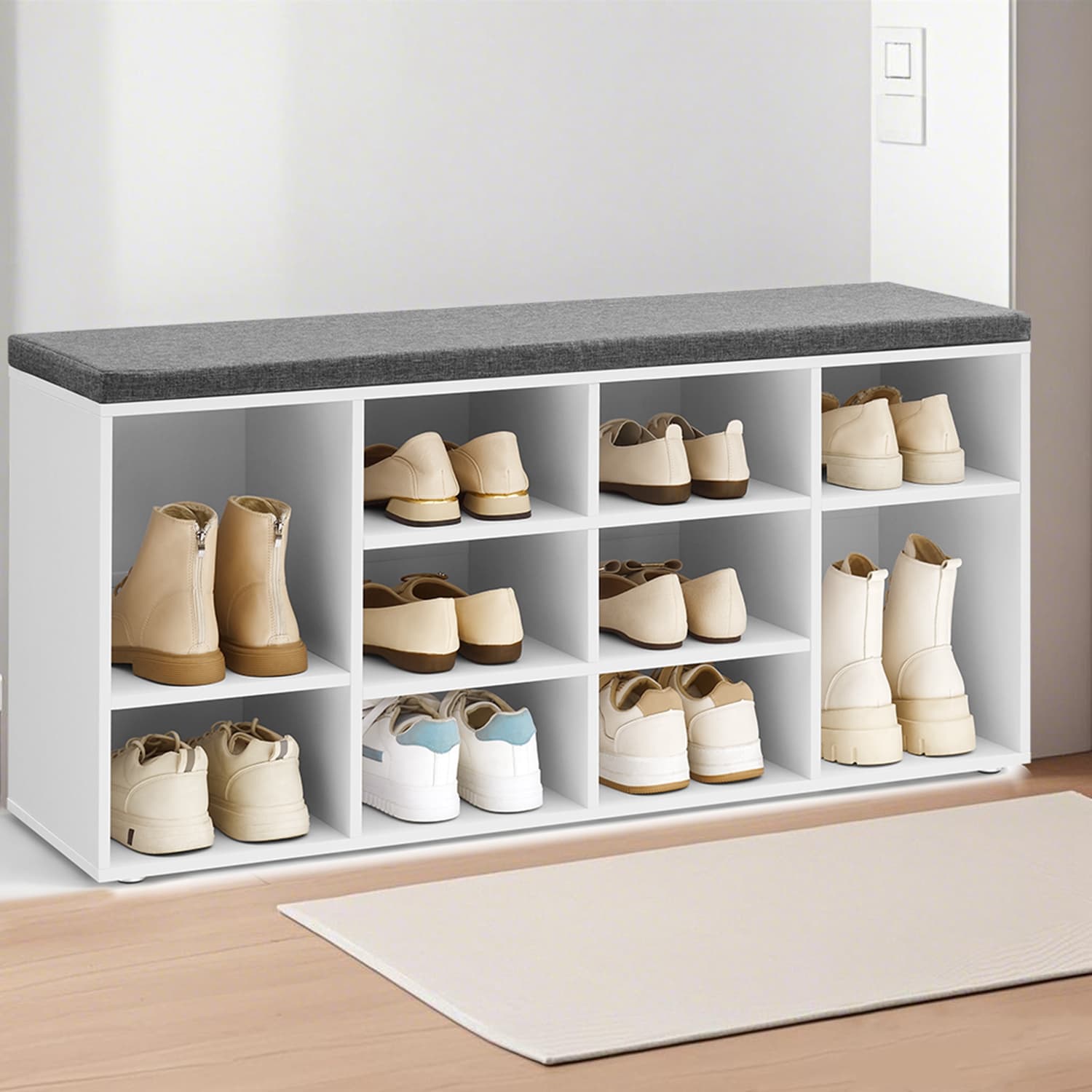 VERRA Shoe Bench - 10 Compartment Cushion Seat Medium Sized Bench - White