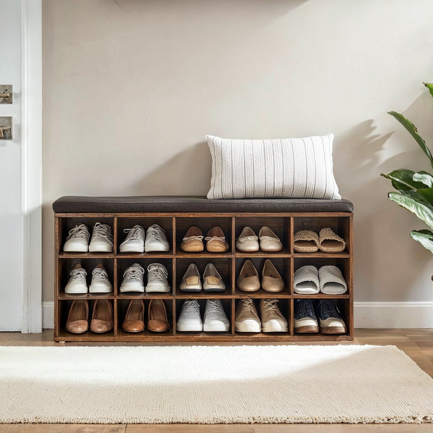 VERRA Shoe Bench - 15 Compartment Cushion Seat Medium Sized Bench - Brown