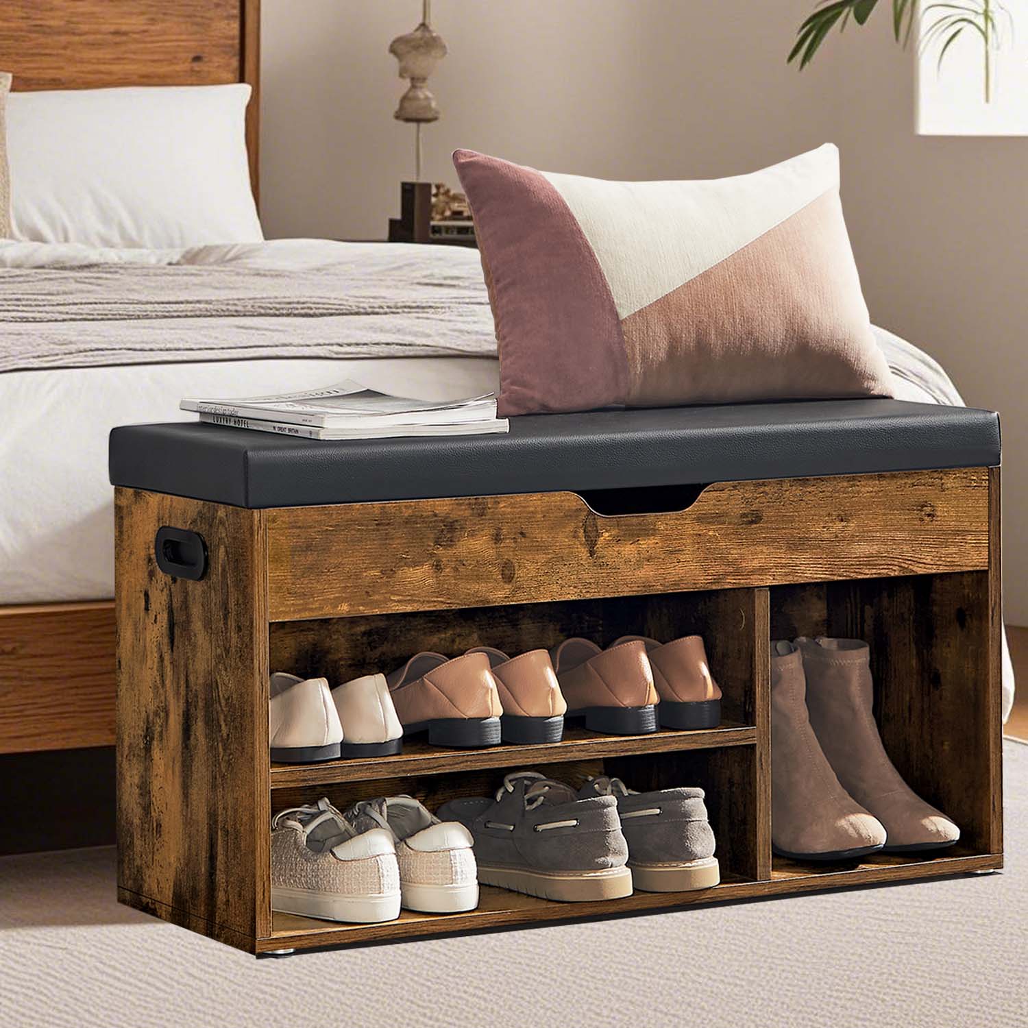 VERRA Shoe Bench - 3 Compartment Lid Storage Cushion Medium Sized Bench - Black