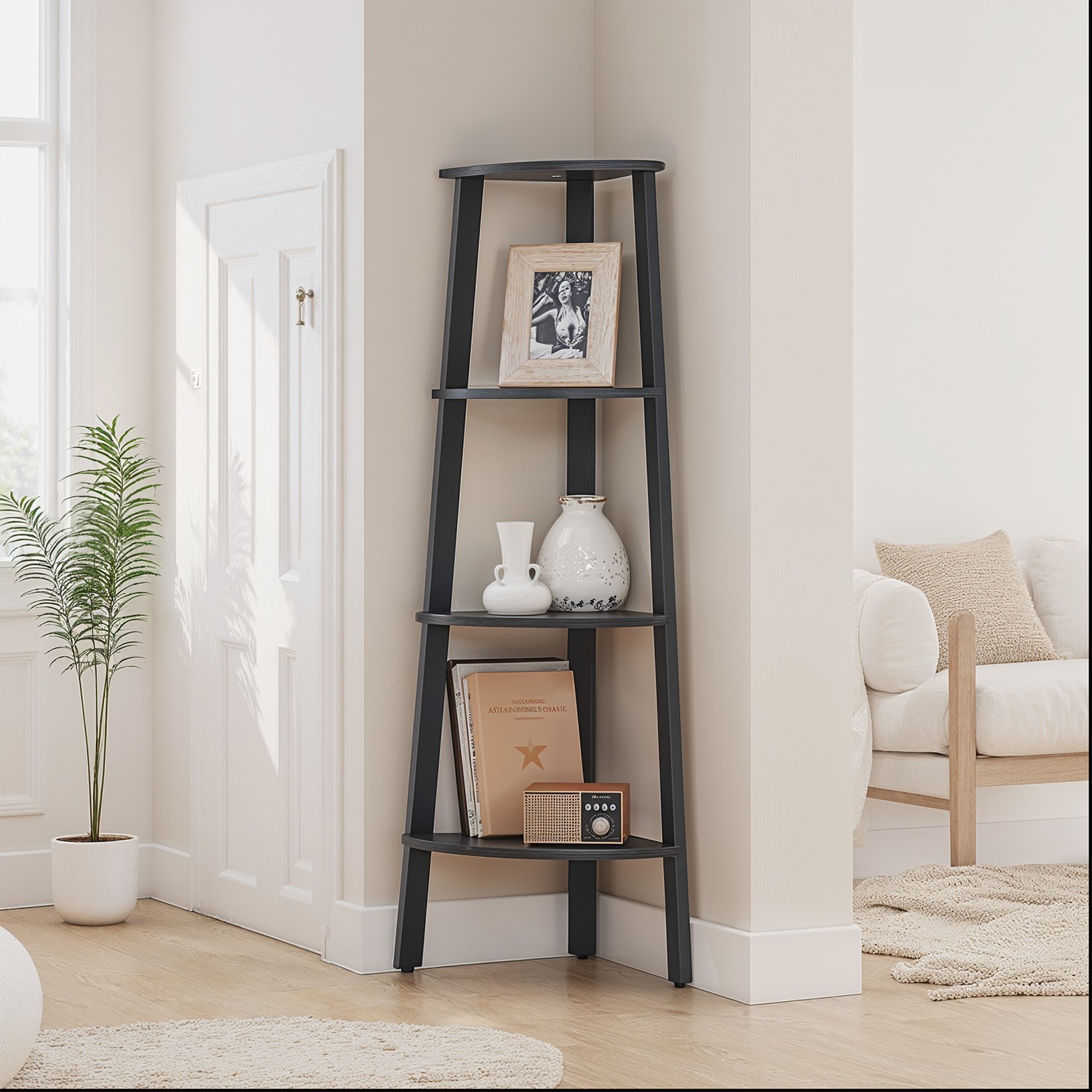 Corner Shelf - VERRA 4 Tier Bookshelf Storage Unit with Steel Frame - Charcoal Grey