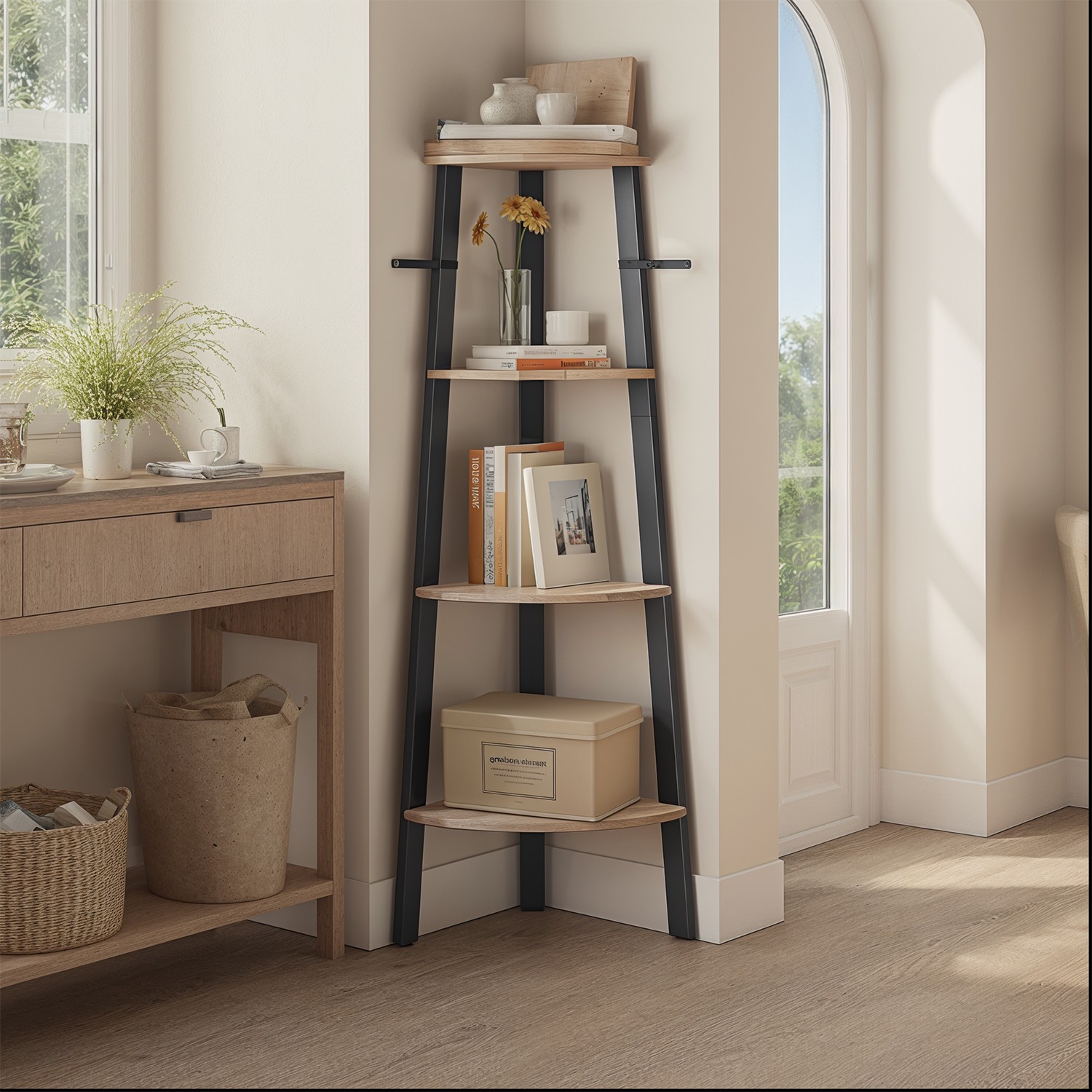 Corner Shelf - VERRA 4 Tier Bookshelf Storage Unit with Steel Frame - Black