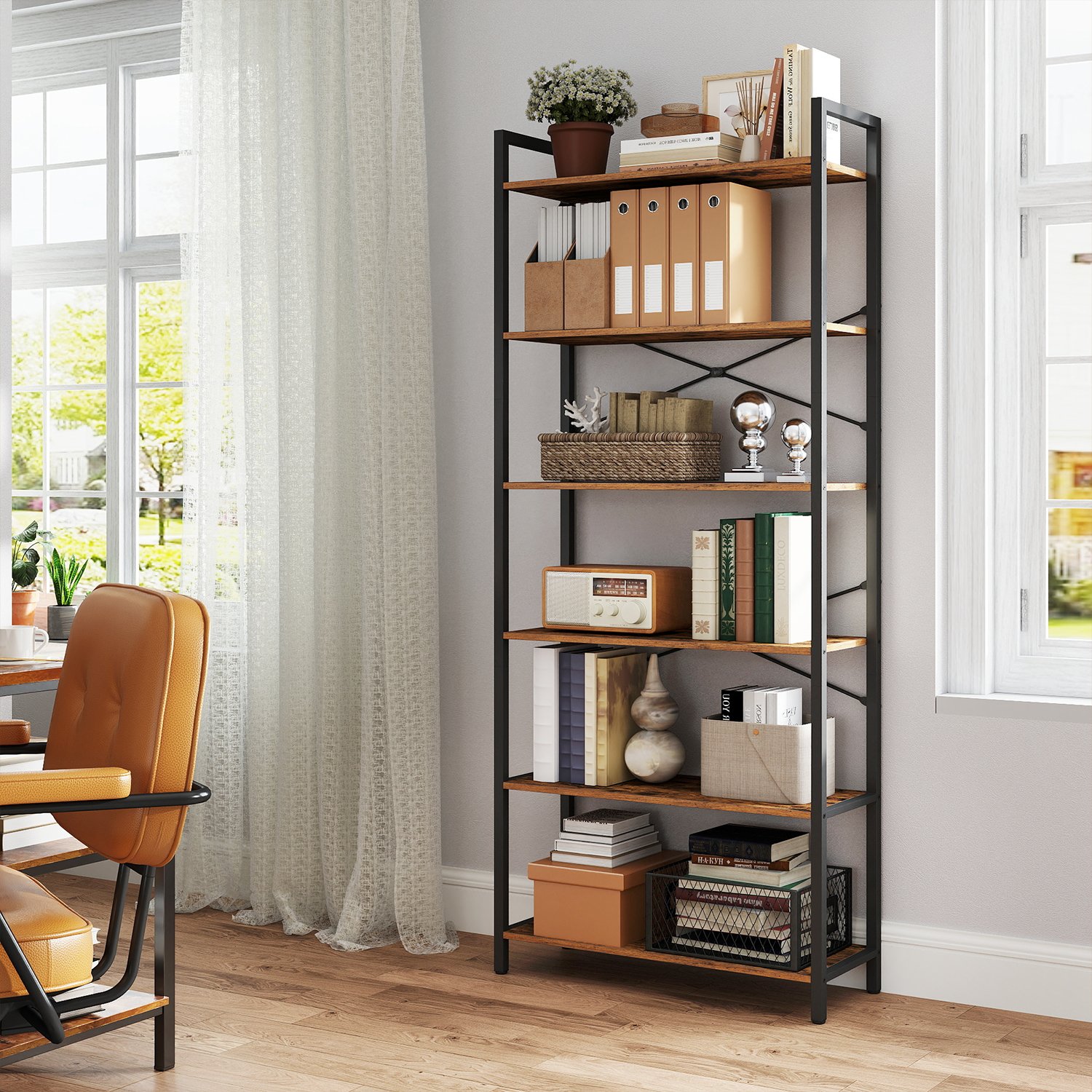Bookshelf - VERRA 6 Tier Freestanding Bookcase - Brown