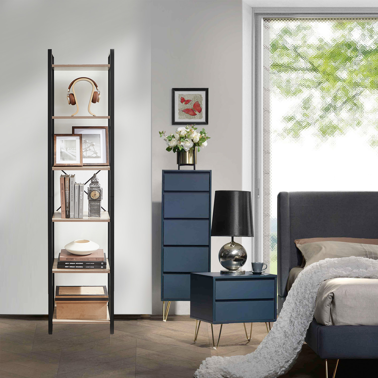 Bookshelf - VERRA 6 Tier Tall Narrow Bookcase with Steel Frame Skinny Shelf - Light Wood