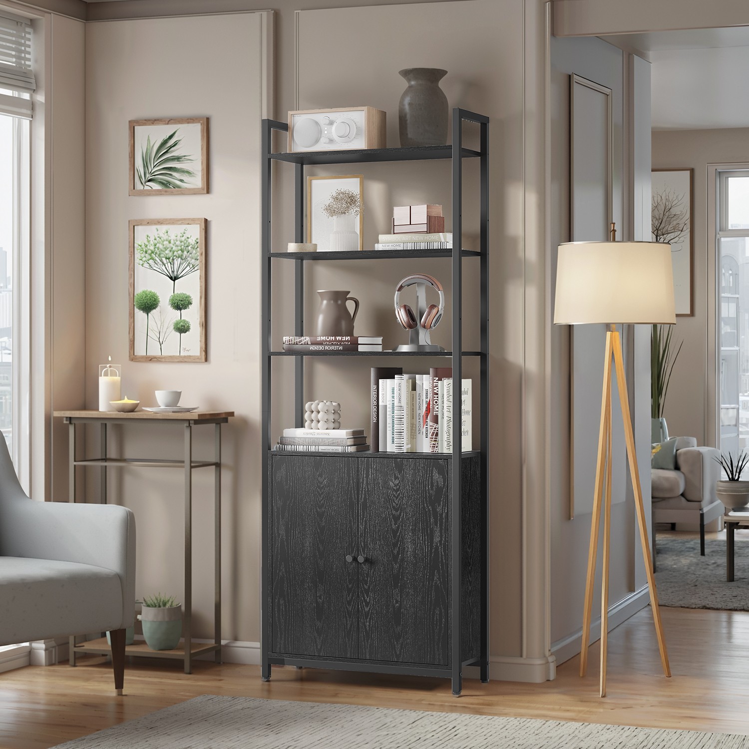 Bookshelf - VERRA Tall 6 Tier with Door Metal Frame - Black