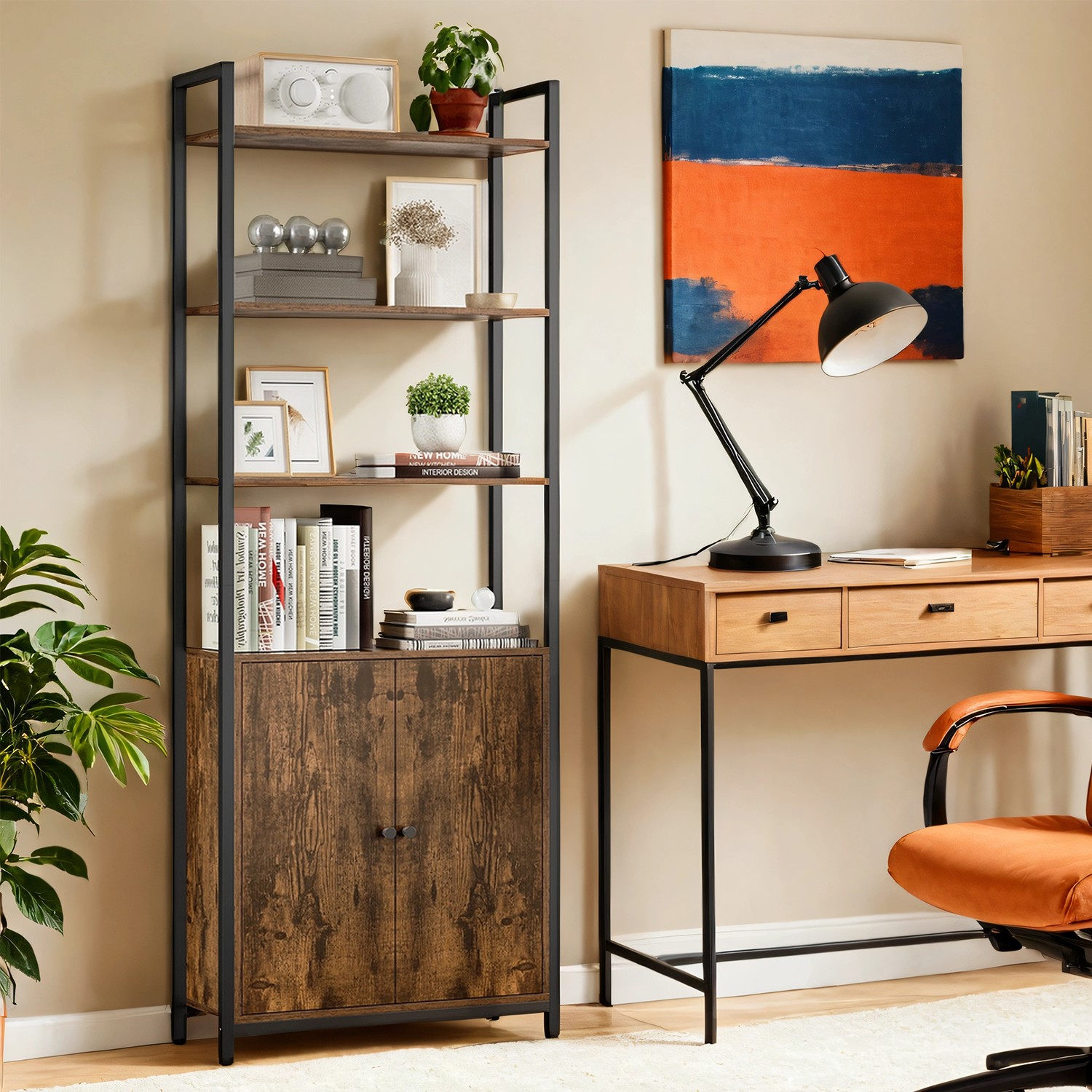 Bookshelf - VERRA Tall 6 Tier with Door Metal Frame - Camel Brown