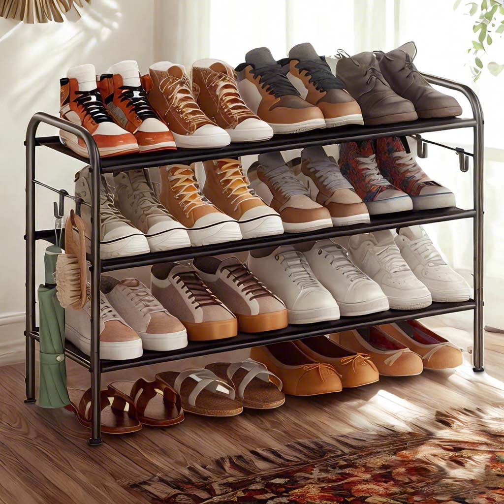 VERRA Shoe Rack - 15 Pair 3 Tier 4 Hooks Storage Medium Sized Rack - Black
