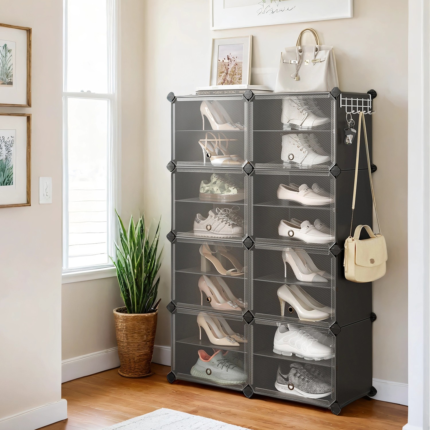 VERRA Shoe Rack - 16 Slots Interlocking Modular Storage Large Sized Rack - Black