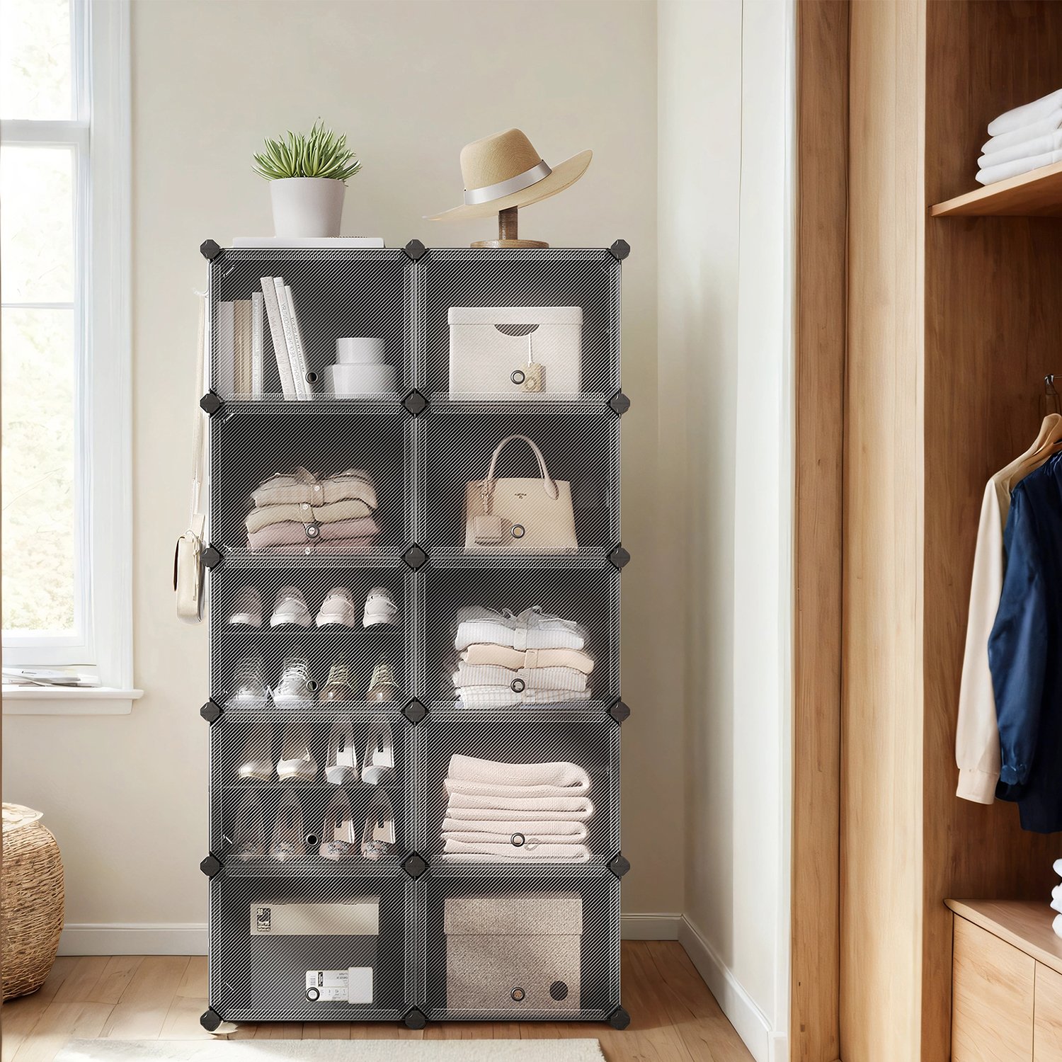 VERRA Shoe Rack - 10 Slots Interlocking Modular Storage Tall Large Sized Rack - Black