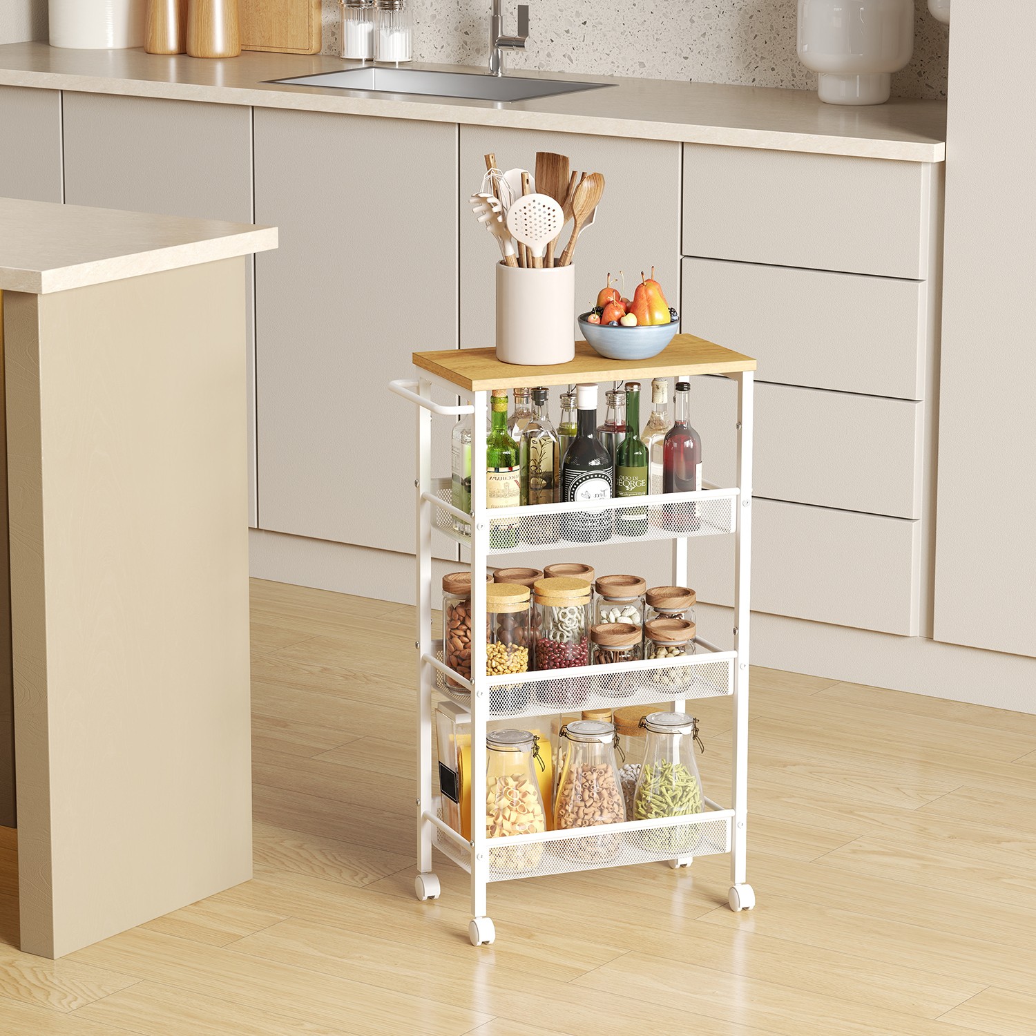 Rolling Cart - VERRA Slim Storage Cart with Handle Metal Frame - White