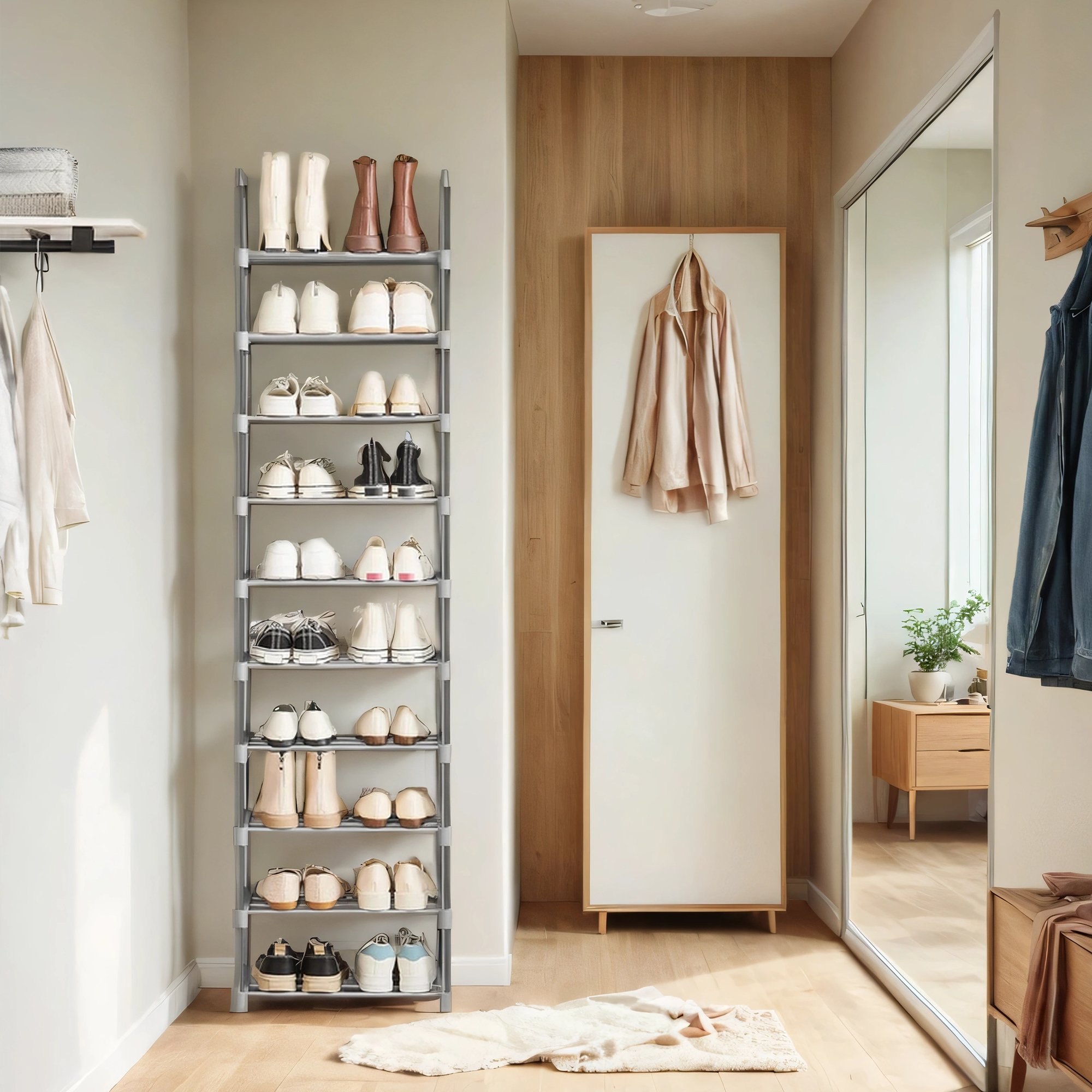VERRA Shoe Rack - 10 Tier Metal Storage Tall Large Sized Rack - Grey