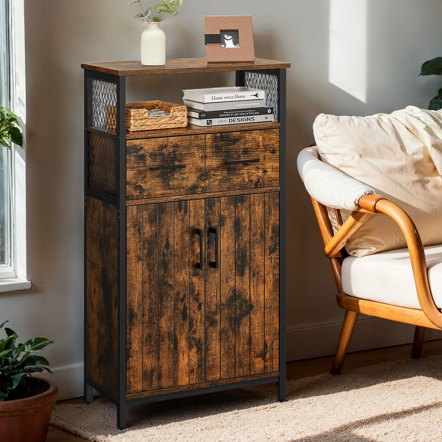 Storage Cabinet - VERRA Storage Cabinet with Drawer and Adjustable Shelf - Brown