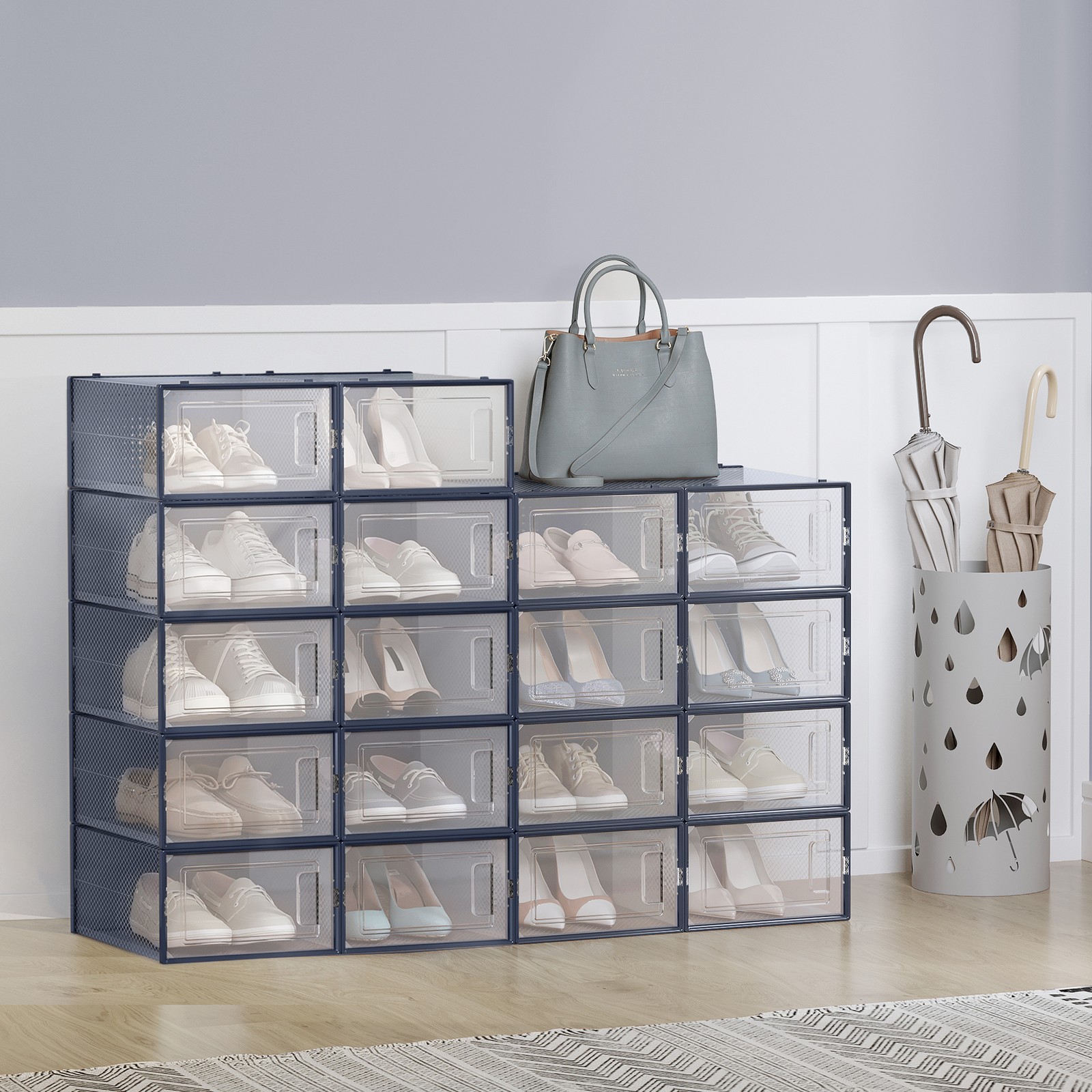 VERRA Shoe Box - 18 Pack Stackable Storage Small Sized ShoeBox - Blue