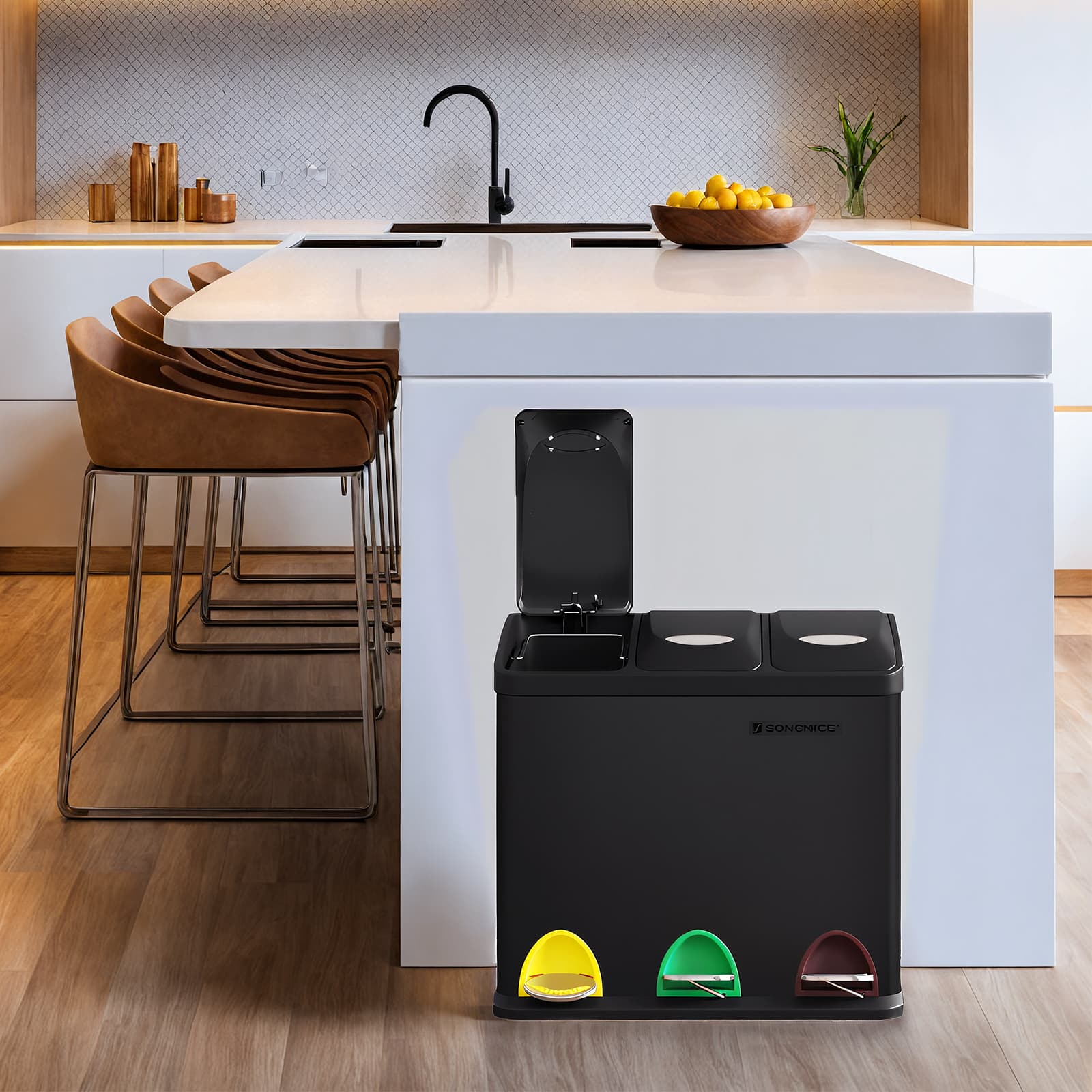 Kitchen Bin - VERRA 3 x 8L Metal Pedal Trash Bin with Lids and Bucket - Black