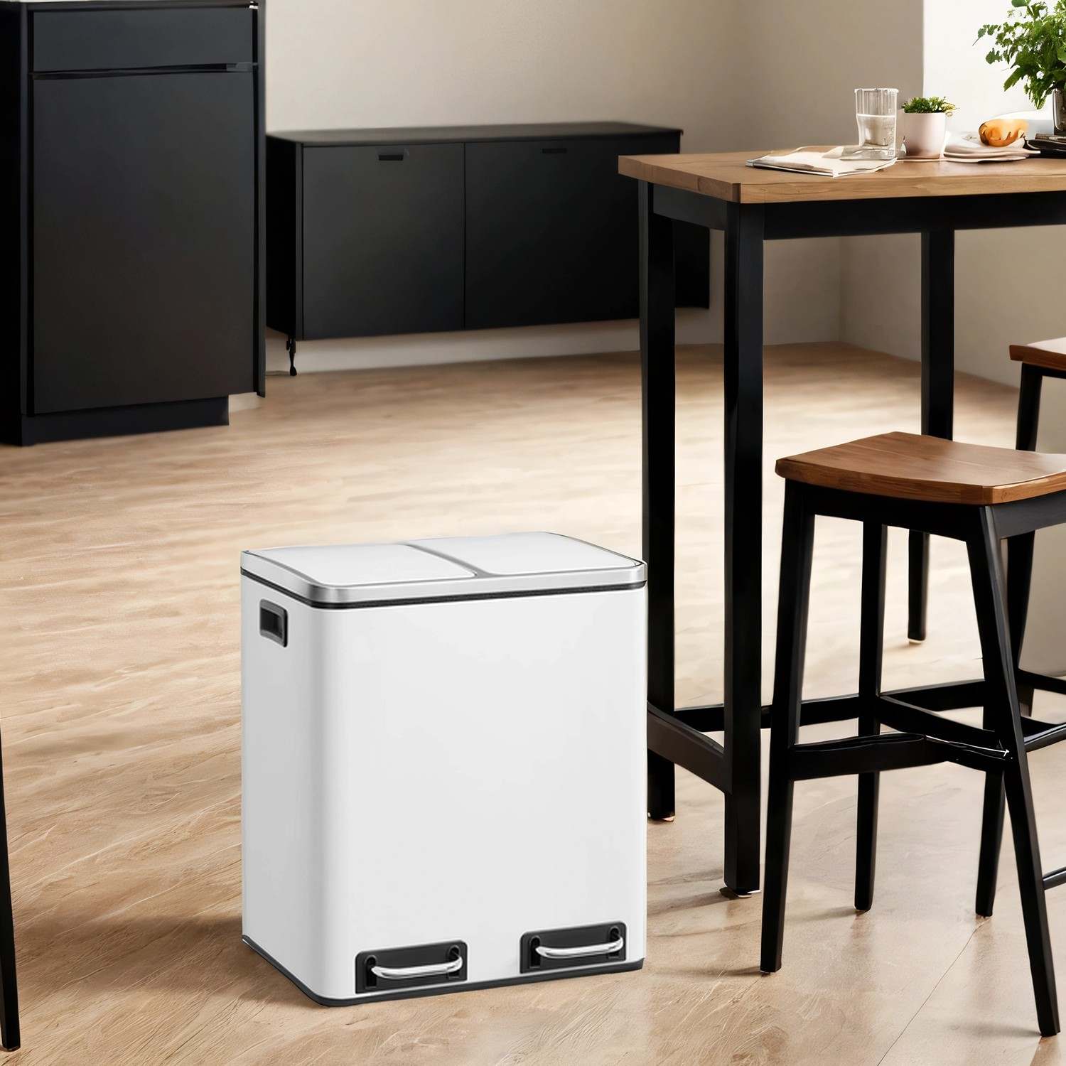 Kitchen Bin - VERRA Double 2 x 15L Pedal Rubbish Bin with Inner Bucket - White