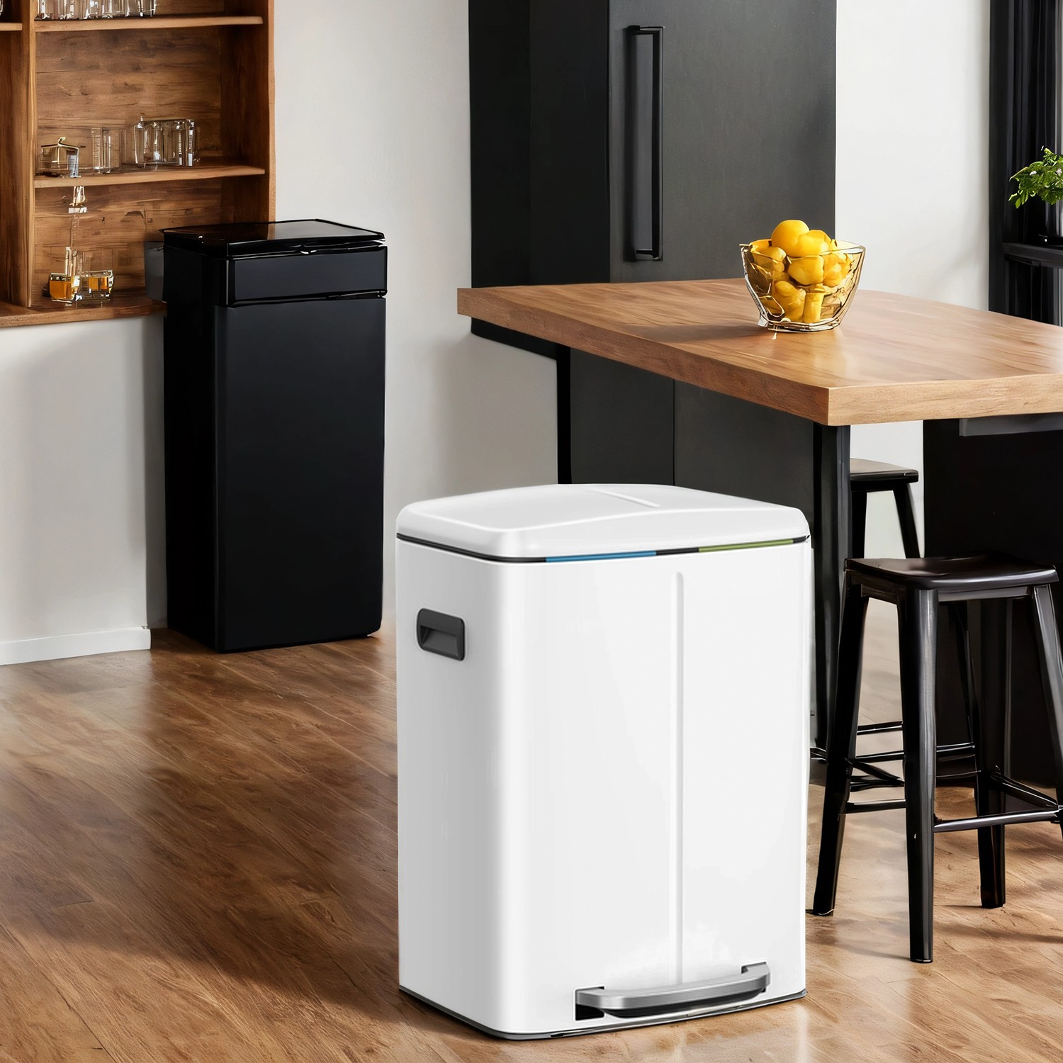 Kitchen Bin - VERRA 40L Double Rubbish Bin with Soft-Close Lid and Plastic Bucket - White