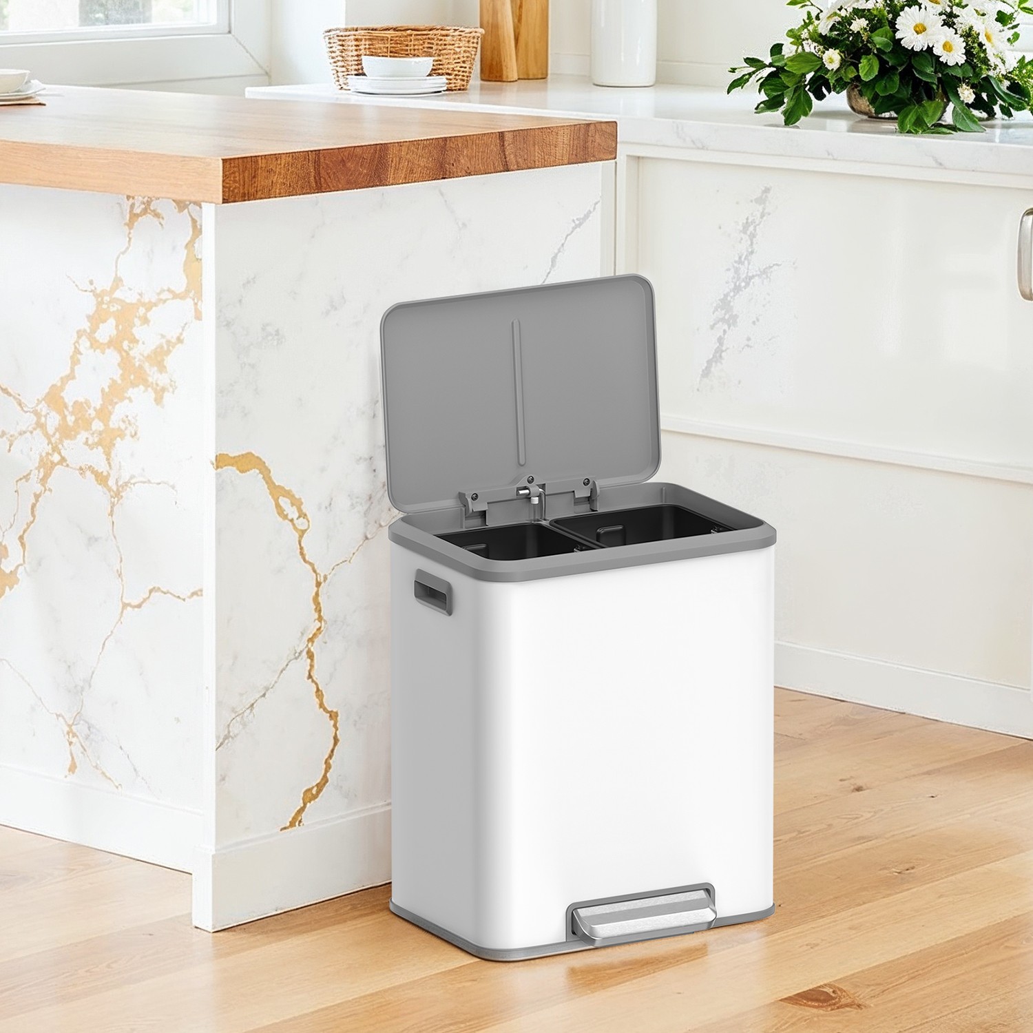 Kitchen Bin - VERRA Double 2 x 15L Rubbish Bin with Soft-Close Lid - White