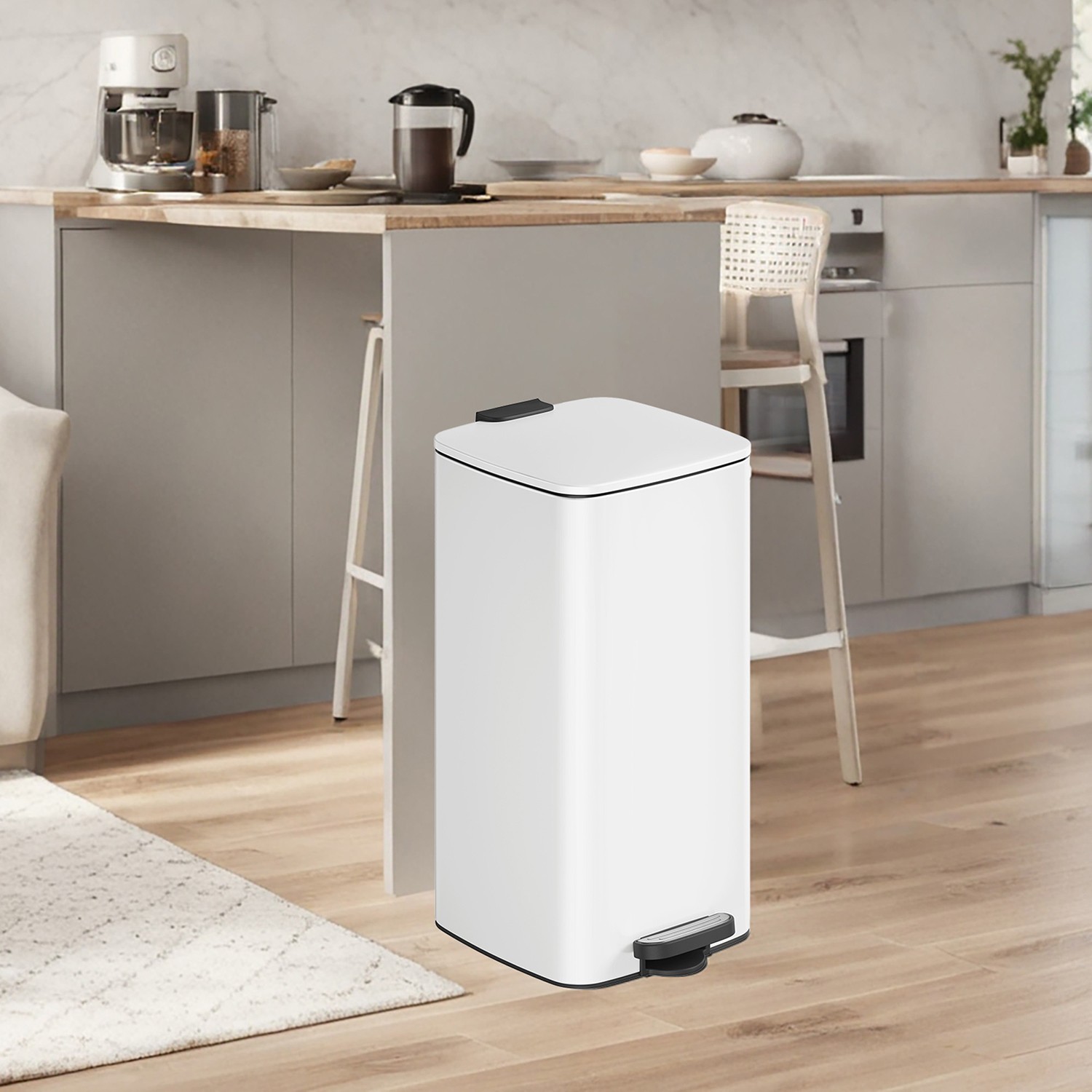Trash Can - VERRA 8-Gallon Stainless Steel Kitchen Garbage Bin - White