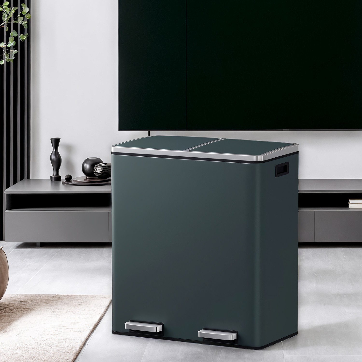 Kitchen Bin - VERRA Double 2 x 30L Pedal Rubbish Bin with Lids - Greenish Grey
