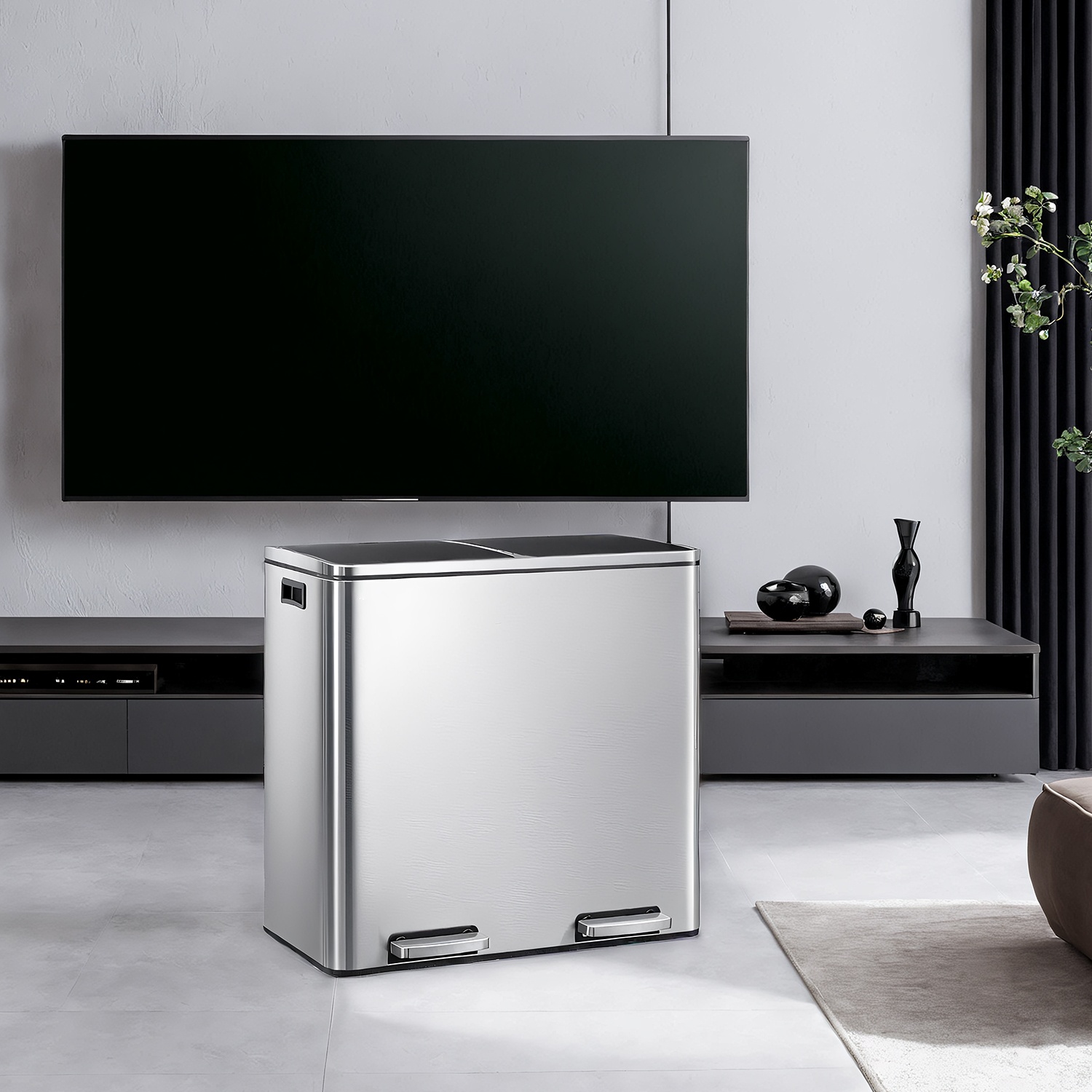Kitchen Bin - VERRA Double 2 x 30L Pedal Rubbish Bin with Lids - Silver