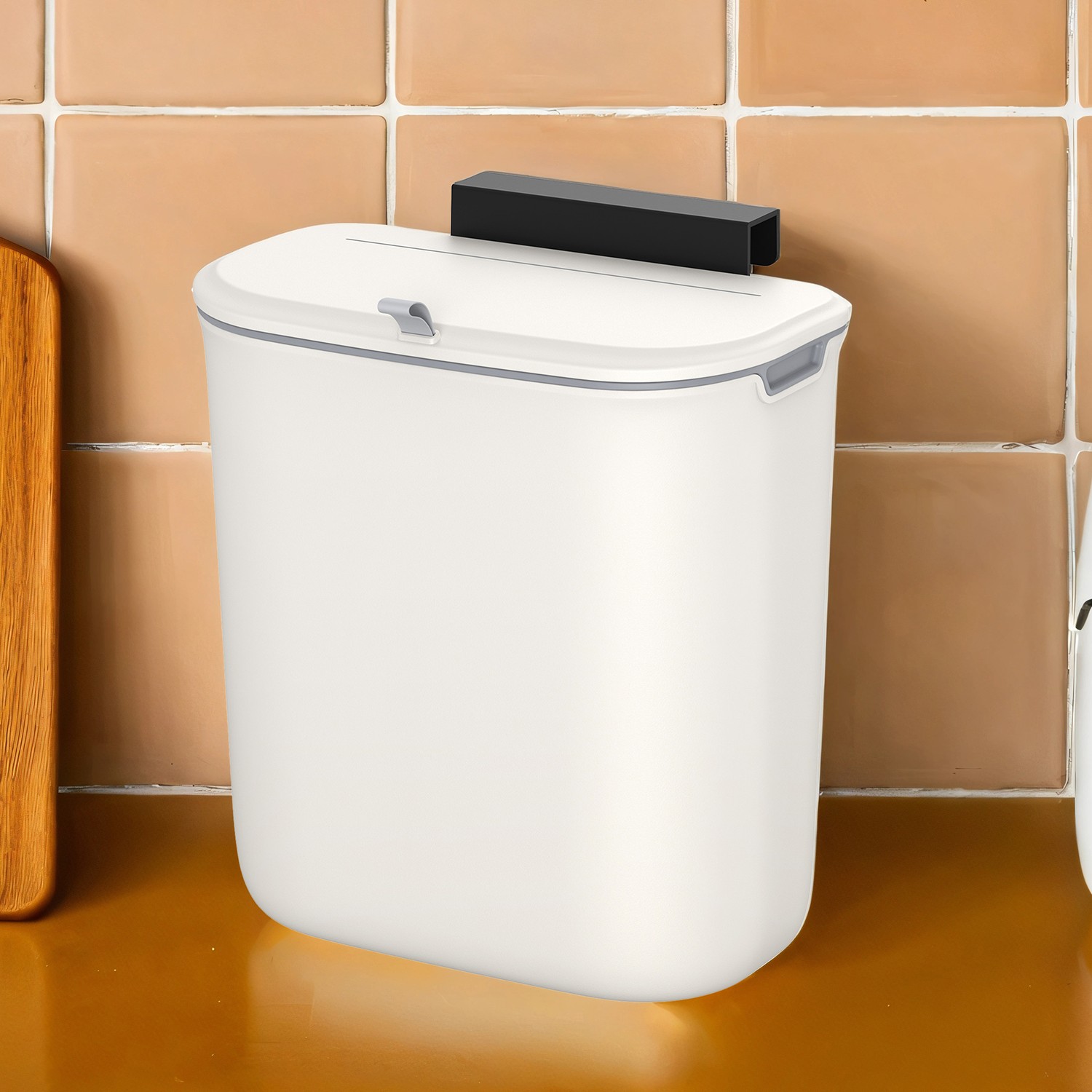 Trash Can - VERRA Hanging Kitchen Garbage Bin with Lid Wall Mounted - White