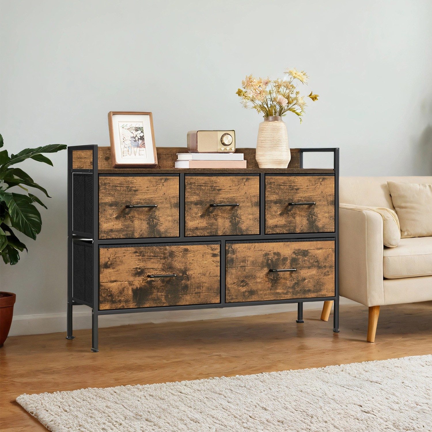 VERRA Rustic Brown Chest of Drawer - Medium-sized, 5 Drawers