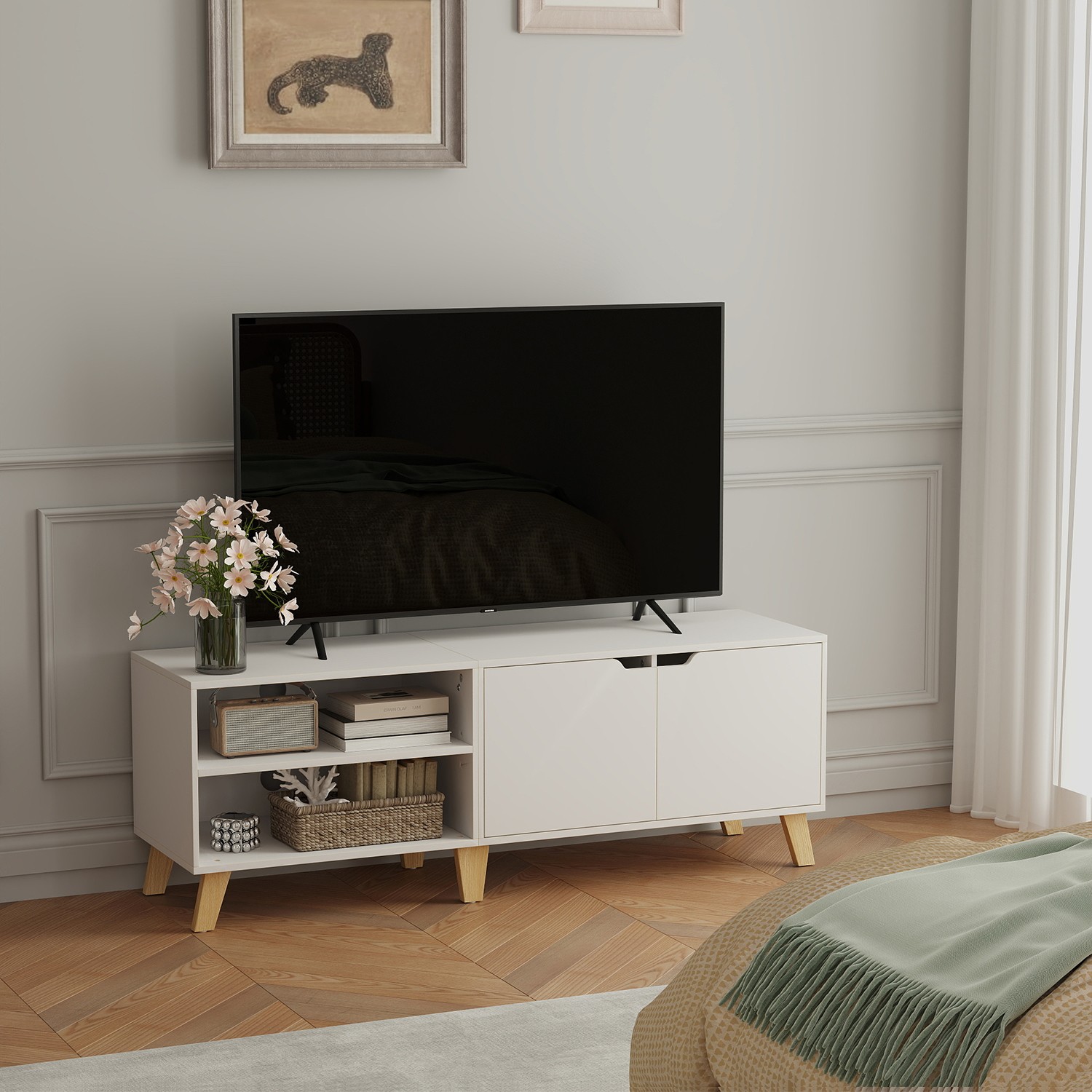 TV Cabinet - VERRA 140 cm Long Stand with 2 Doors Fits TVs up to 60 Inches - White
