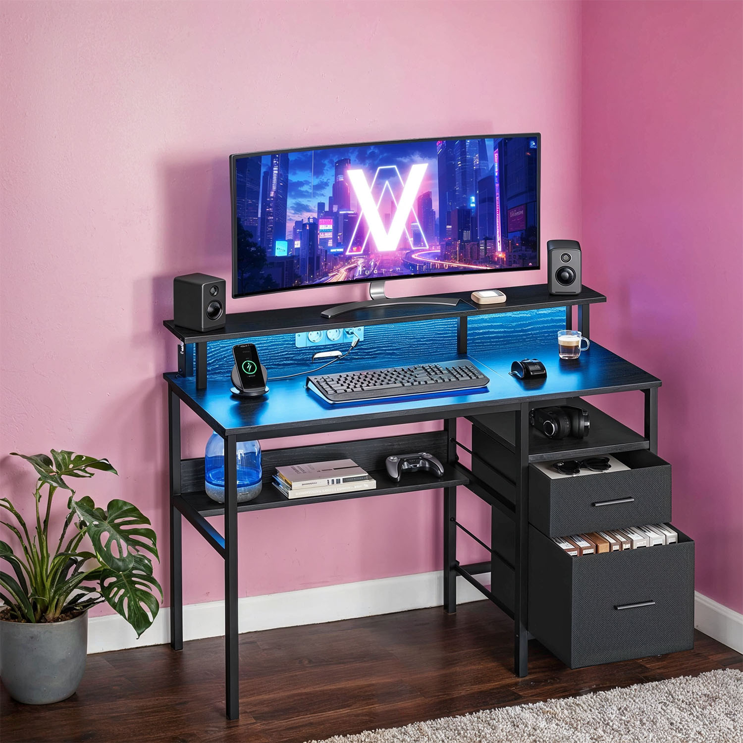 Gaming Desk - VERRA Corner Desk with LED Lights, Power Outlets, Monitor Shelf, Fabric Drawer - Black