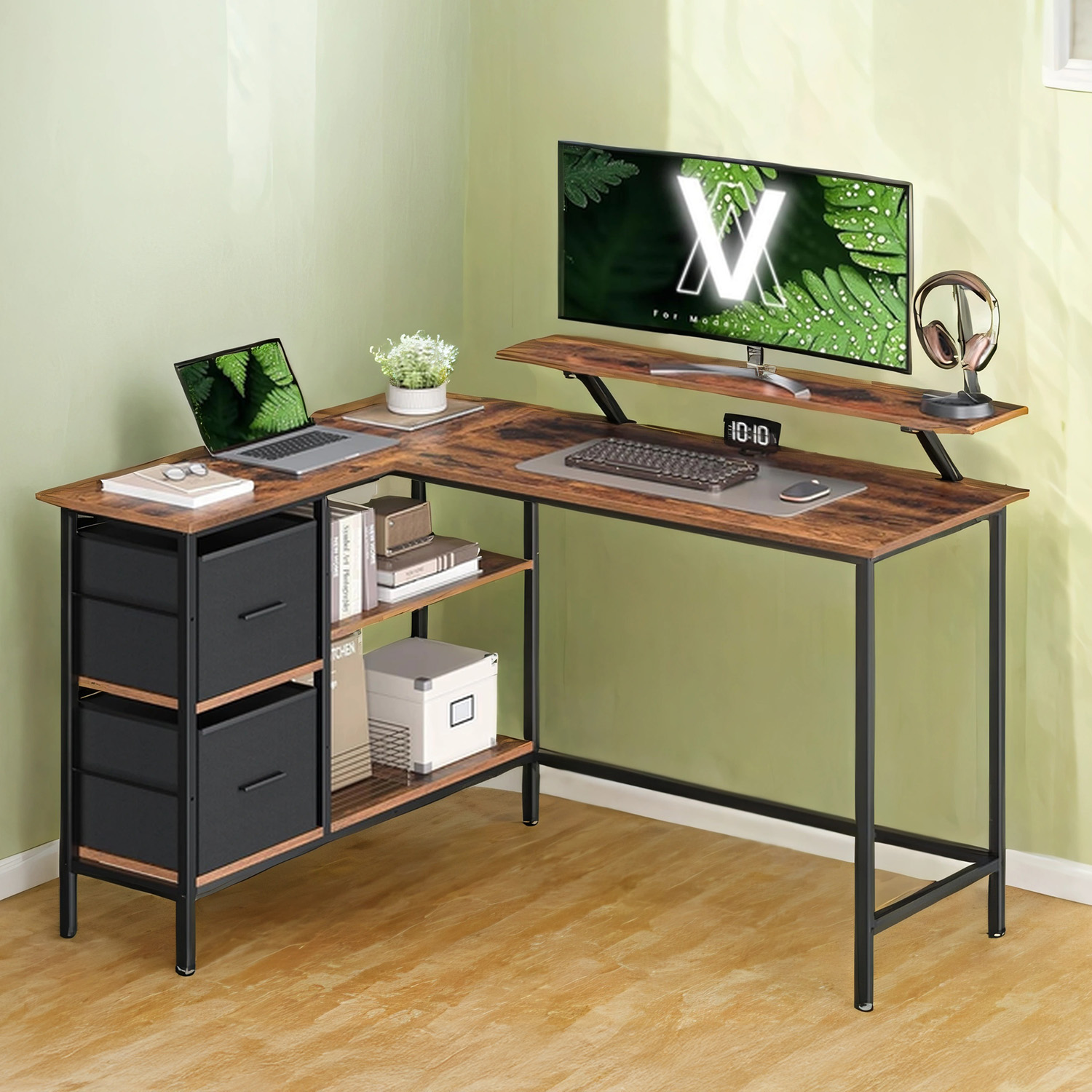 Gaming Desk - VERRA L-Shaped with Monitor Stand, Drawers, Adjustable Shelf 135cm - Ebony Black