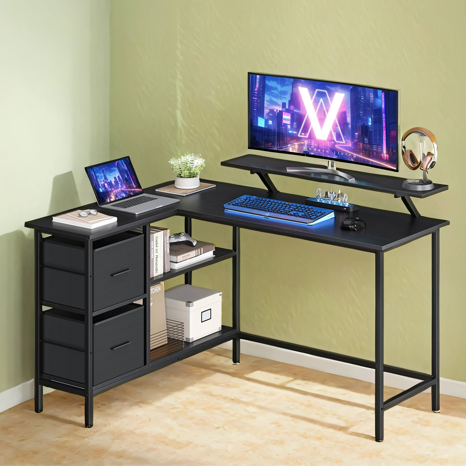 Gaming Desk - VERRA L-Shaped with Monitor Stand, Drawers, Adjustable Shelf 135cm - Rustic Brown
