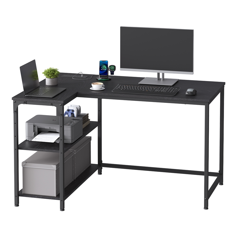 KESAMO L-Shaped Corner Computer Desk with Power Outlets - Black