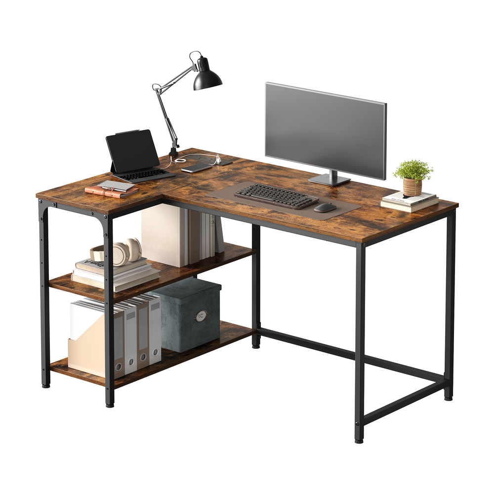 KESAMO L-Shaped Corner Computer Desk with Power Outlets - Brown