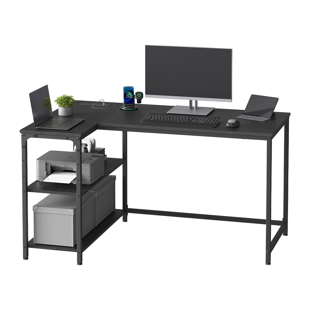 KETULE L-Shaped Corner Computer Desk with Power Outlets - Black