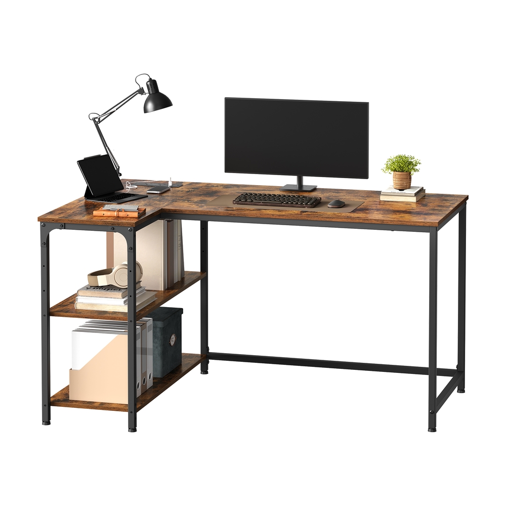 KETULE L-Shaped Corner Computer Desk with Power Outlets - Brown