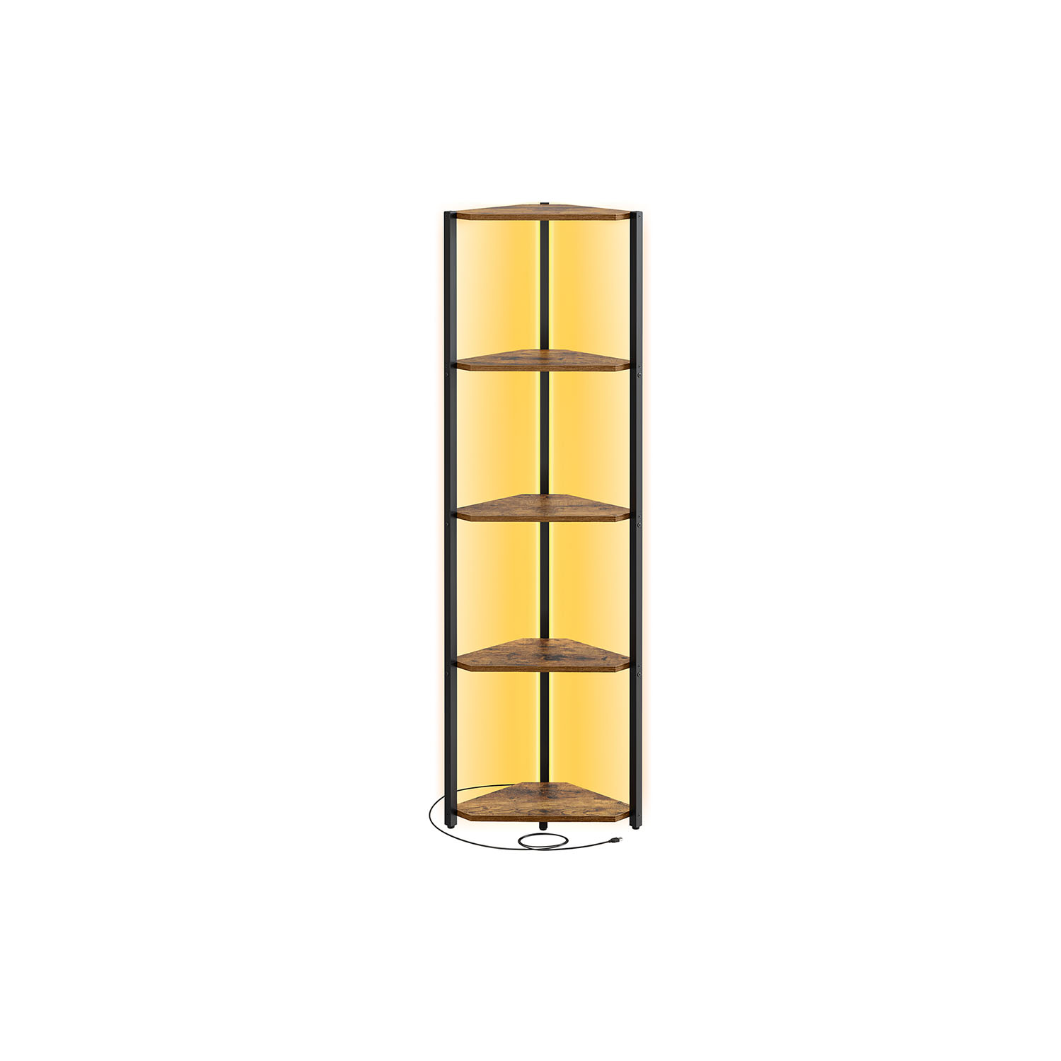 Corner Shelf - LUSVA 5 Tier Bookcase with Adjustable LED Light Rustic Brown