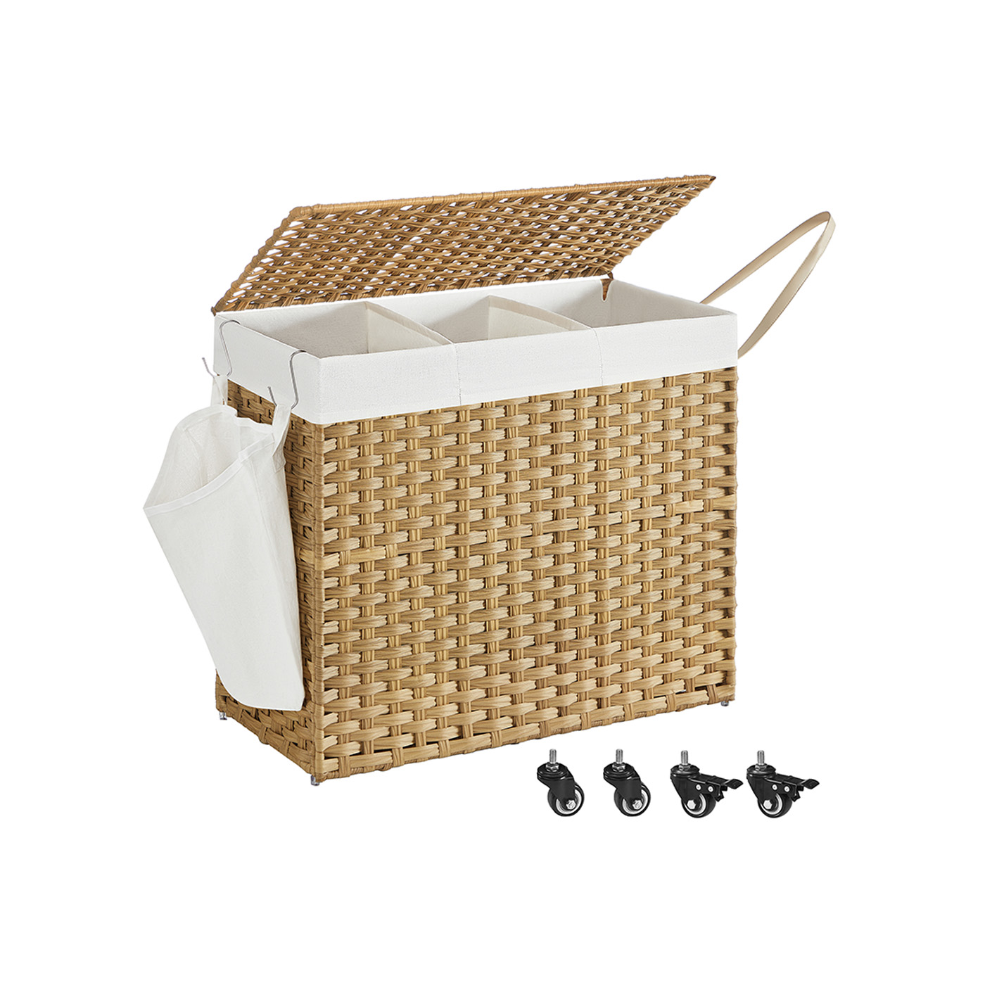 Laundry Hamper - NOVTA 160L Rolling with 3 Compartments and Wheels - Natural