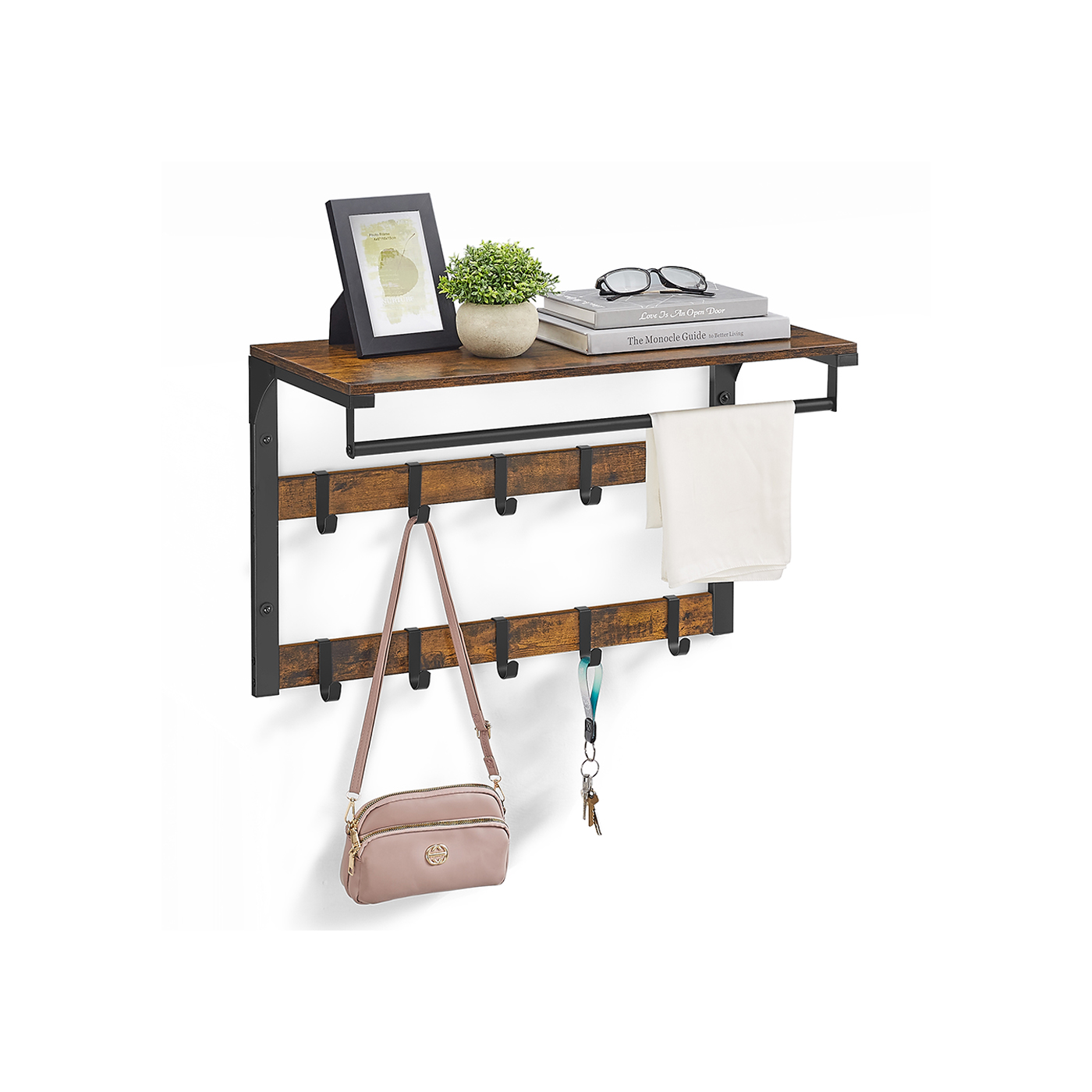 Coat Rack - NOVRAE Wall Mounted with Shelf and 10 Hooks - Rustic Brown and Black