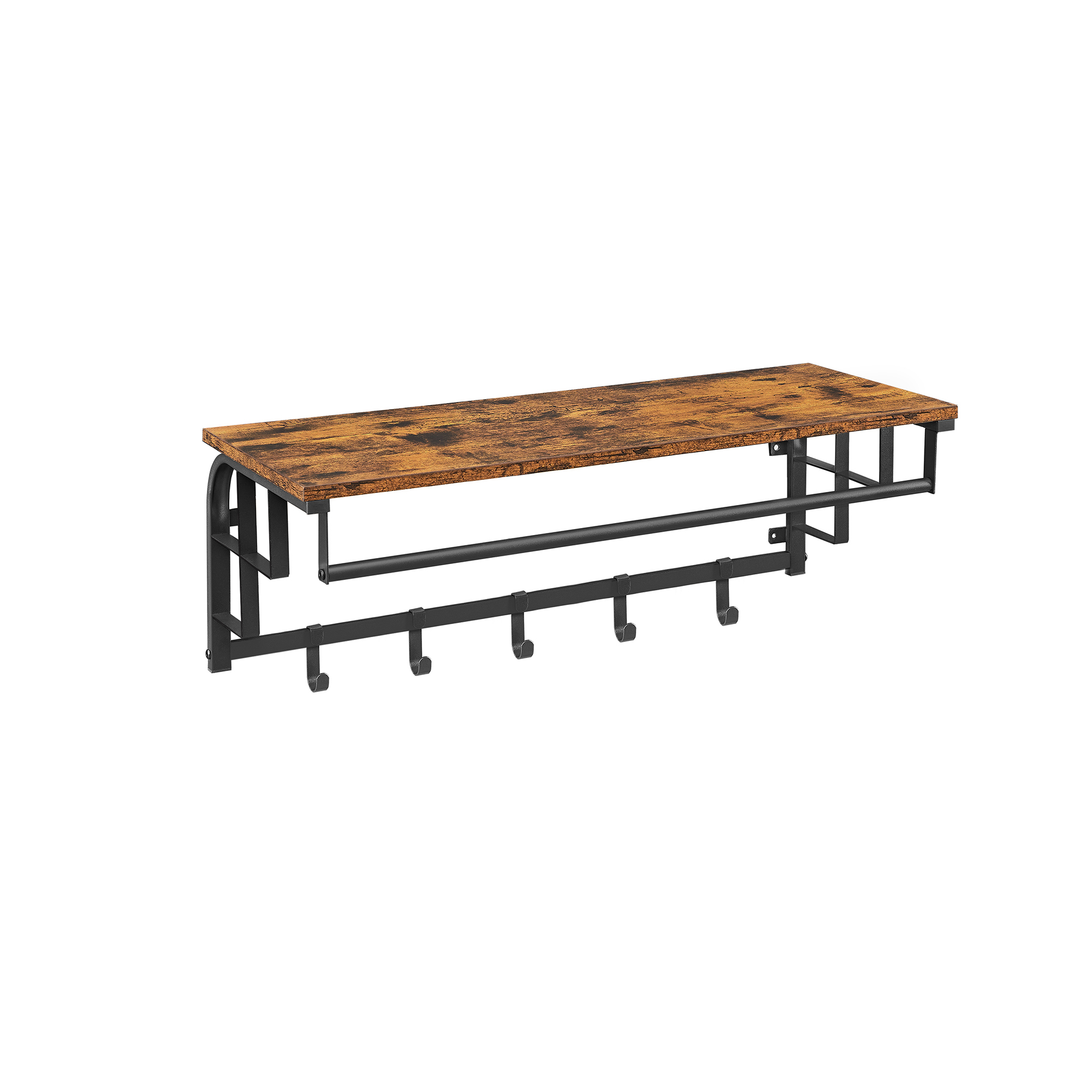 Coat Rack - NOVRAE Wall Mounted Clothes Rail with 5 Removable Hooks - Black Brown
