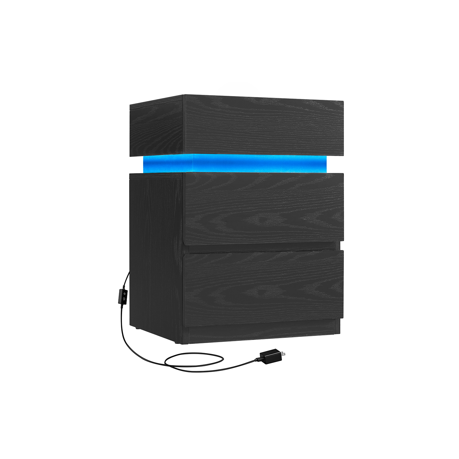 Bedside Table - VERVAS LED Lights 3 Drawer Storage - Ebony Black